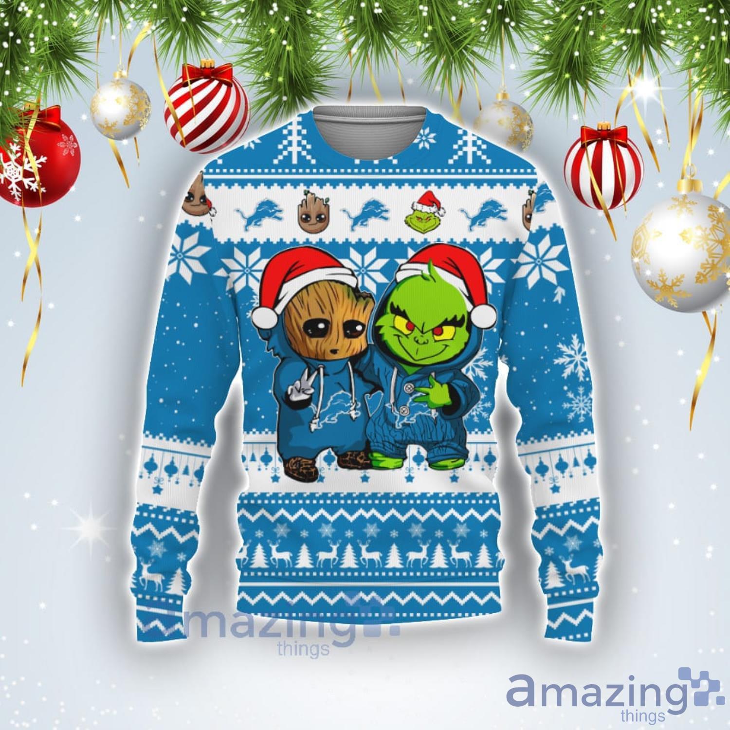 Detroit Lions Baby Groot And Grinch Best Friends Football American Ugly Christmas Sweater Product Photo 1