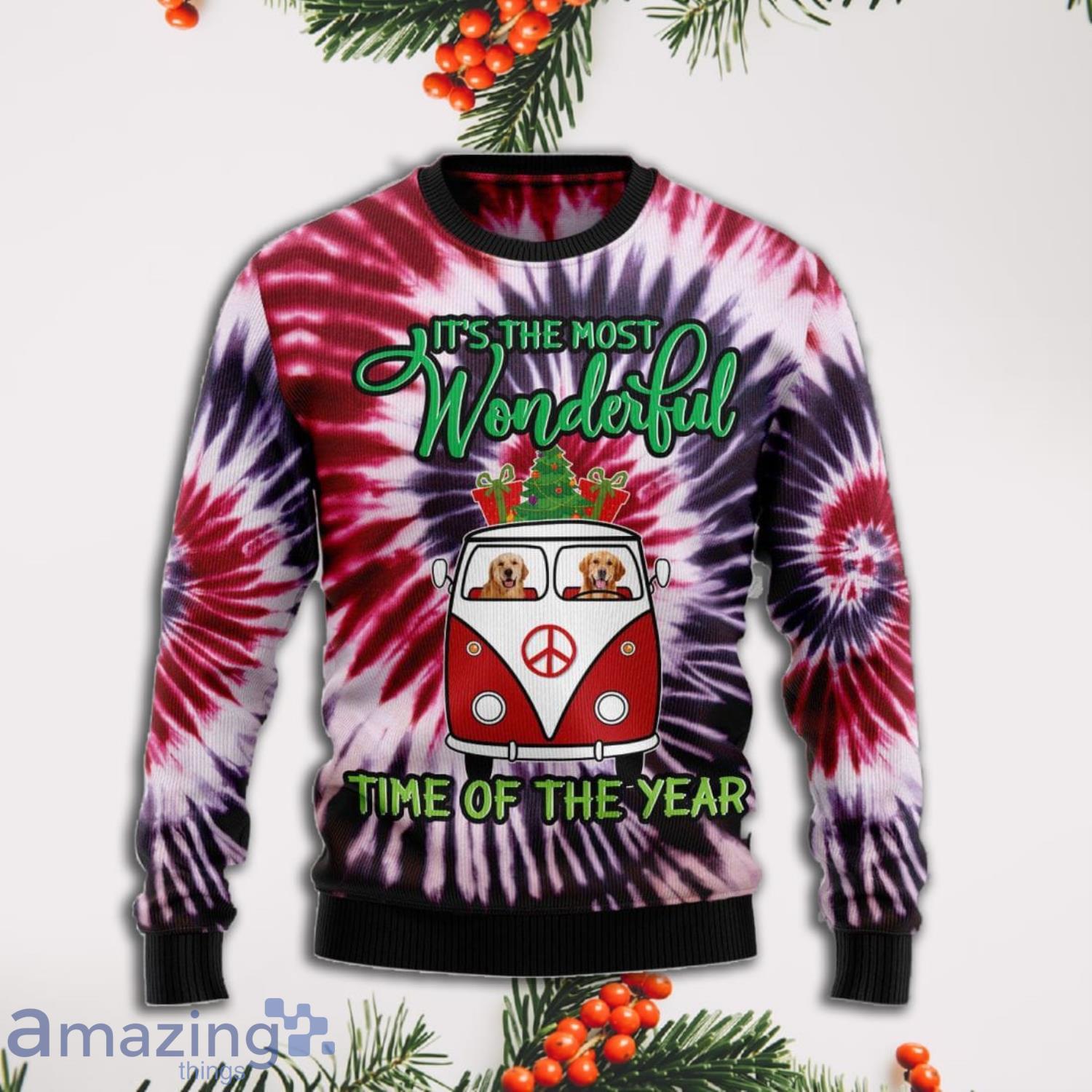 Die Tye Golden Retriever Wonderful Time Christmas Ugly Sweater Product Photo 1