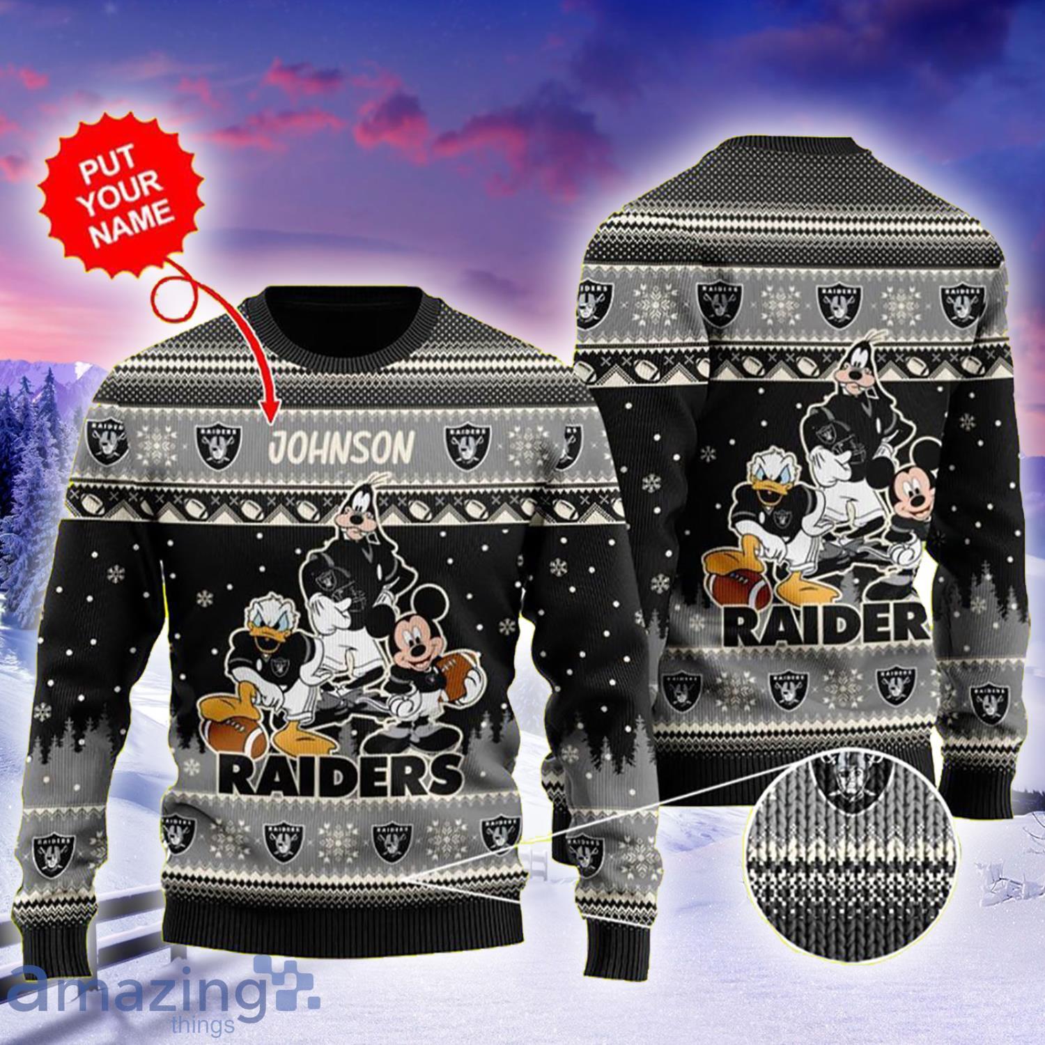 Disney Donald Duck Mickey Mouse Goofy Custom Name Raiders Ugly Christmas Sweater Product Photo 1
