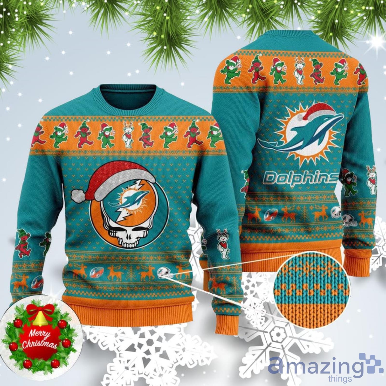 Dolphins Skull Santa Hat Ugly Christmas Sweater For Fans Product Photo 1