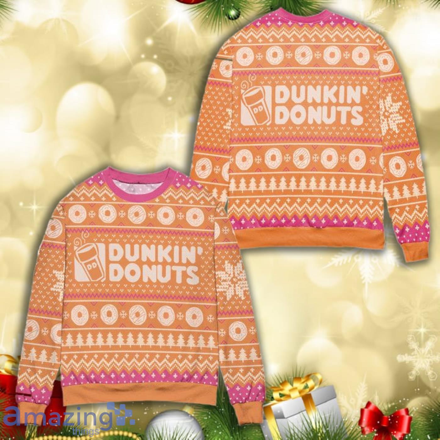 Dunkin Donuts Snow Flake Pine Tree All Over Print 3D Ugly Christmas Sweater Product Photo 1