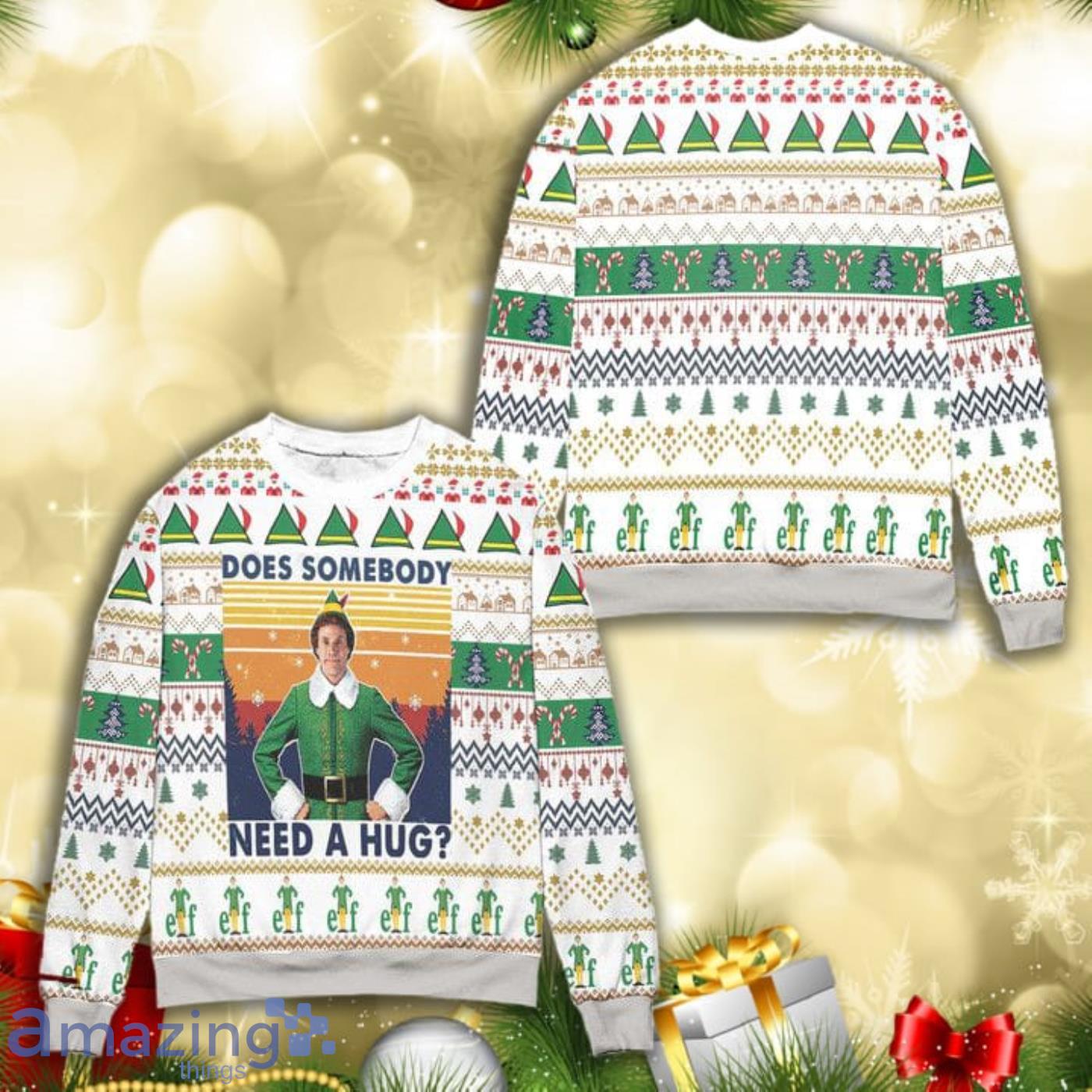 Elf Does Somebody Need A Hug All Over Print 3D Ugly Christmas Sweater Product Photo 1
