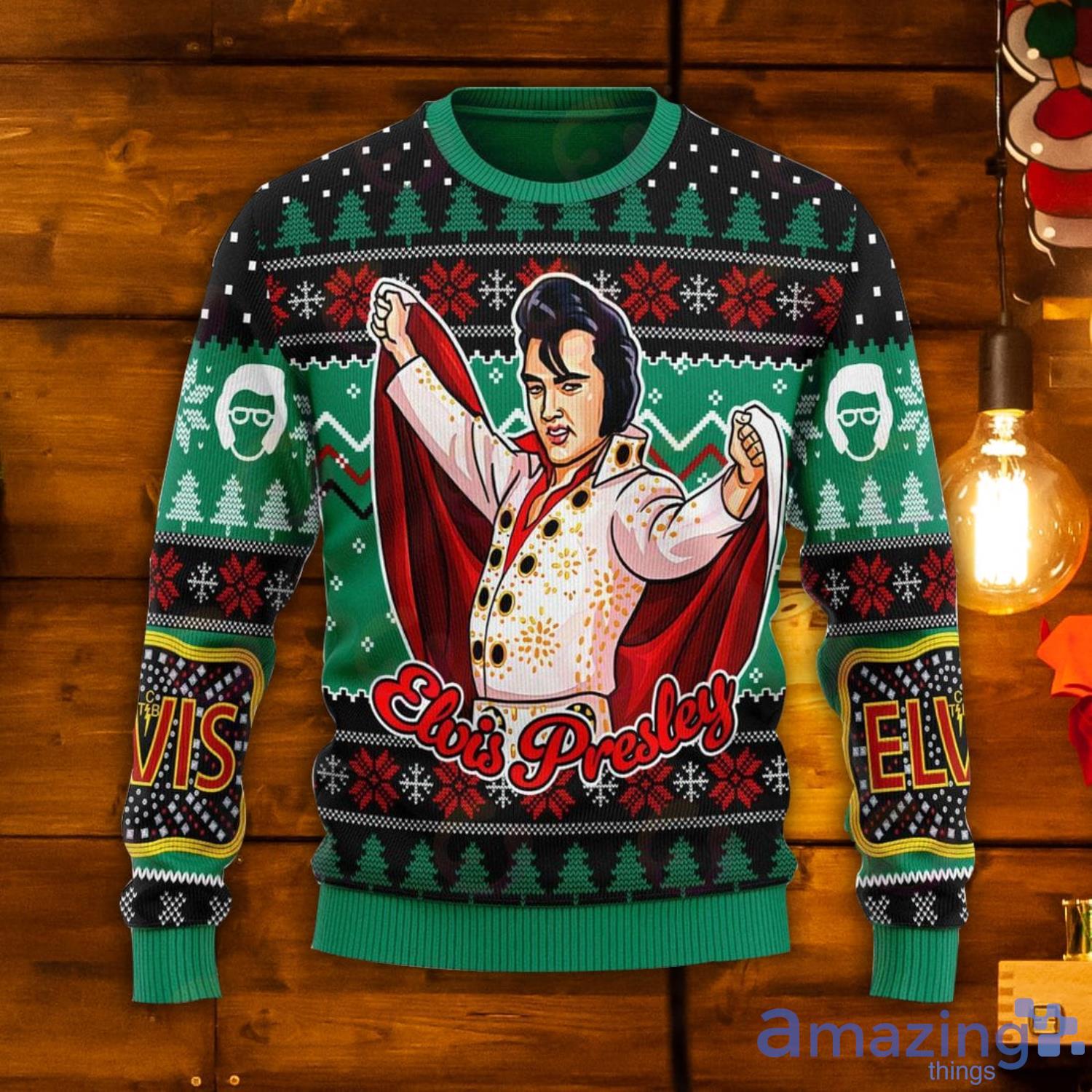 Elviss Presleyy Belt Buckle Sign With Rhinestone Ugly Christmas Sweater Product Photo 1
