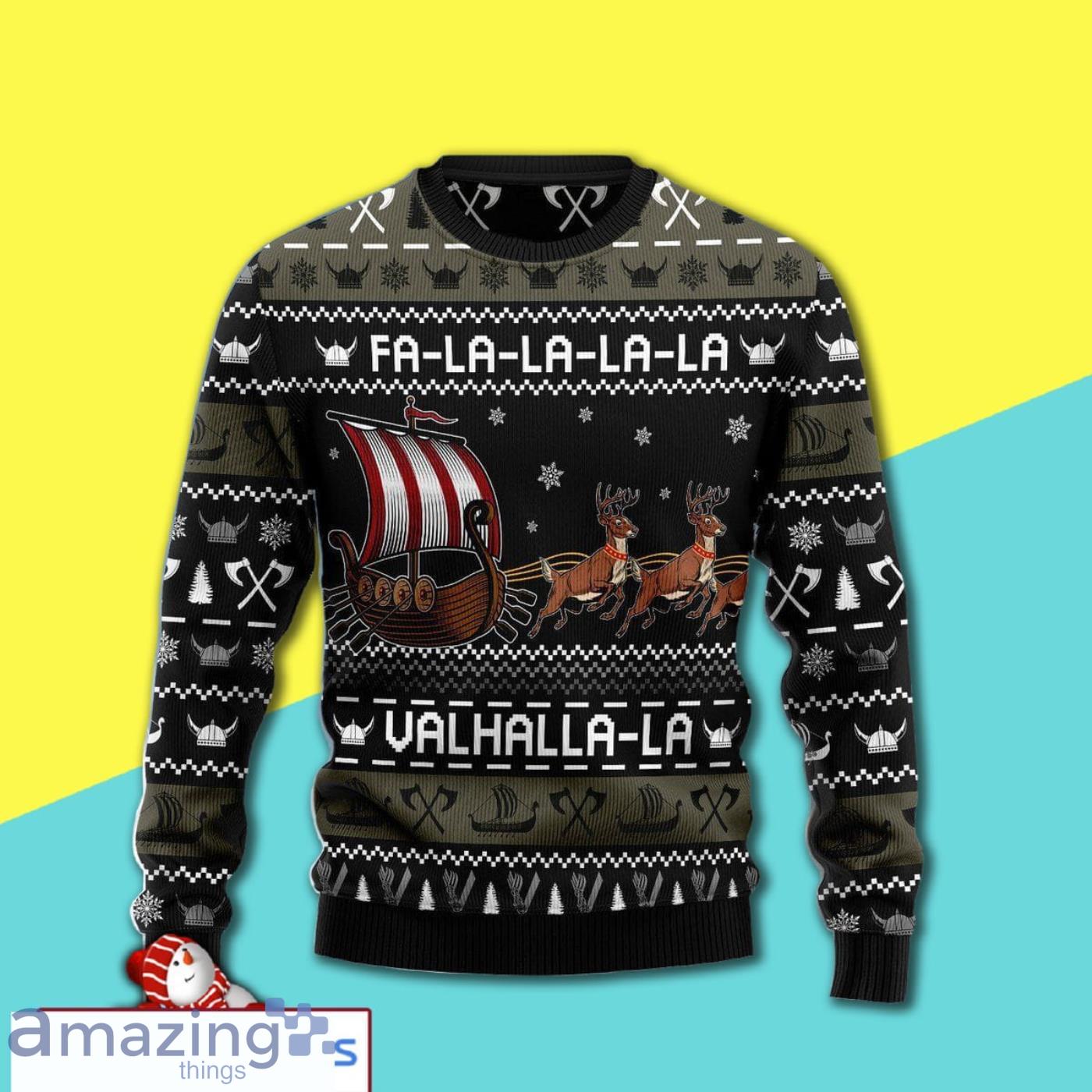 Fa-La-La-Valhalla Viking Reindeer Ship Awesome Ugly Christmas Sweater 3D Shirt Product Photo 1
