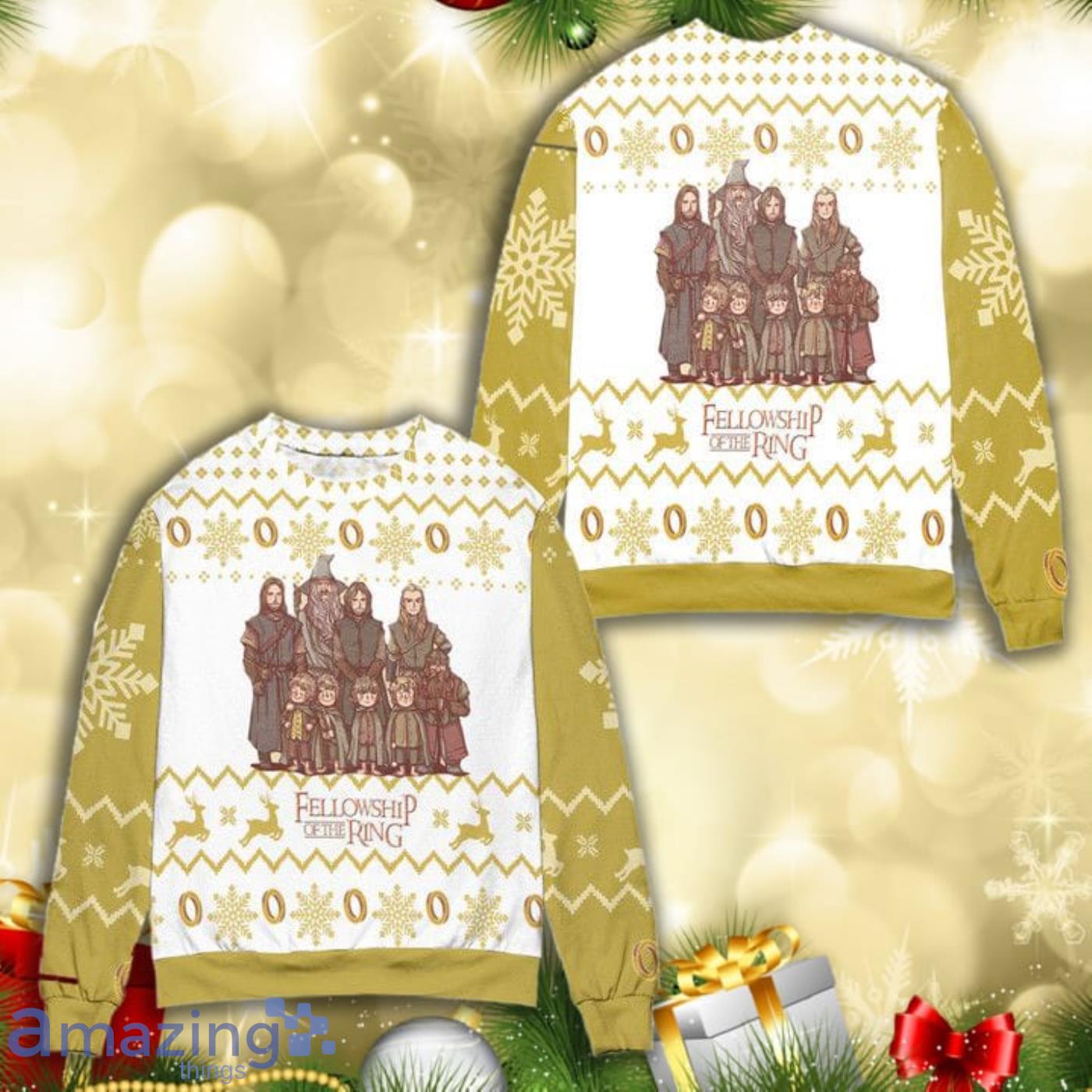 Fellowship Of The Rings Snowflake Reindeer All Over Print 3D Ugly Christmas Sweater Product Photo 1