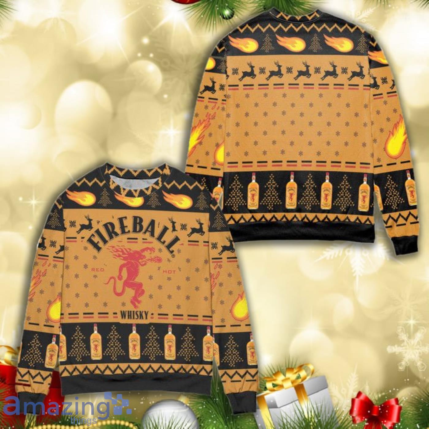 Fireball Red Hot Cinnamon Whiskey Pine Tree Pattern All Over Print 3D Ugly Christmas Sweater Product Photo 1