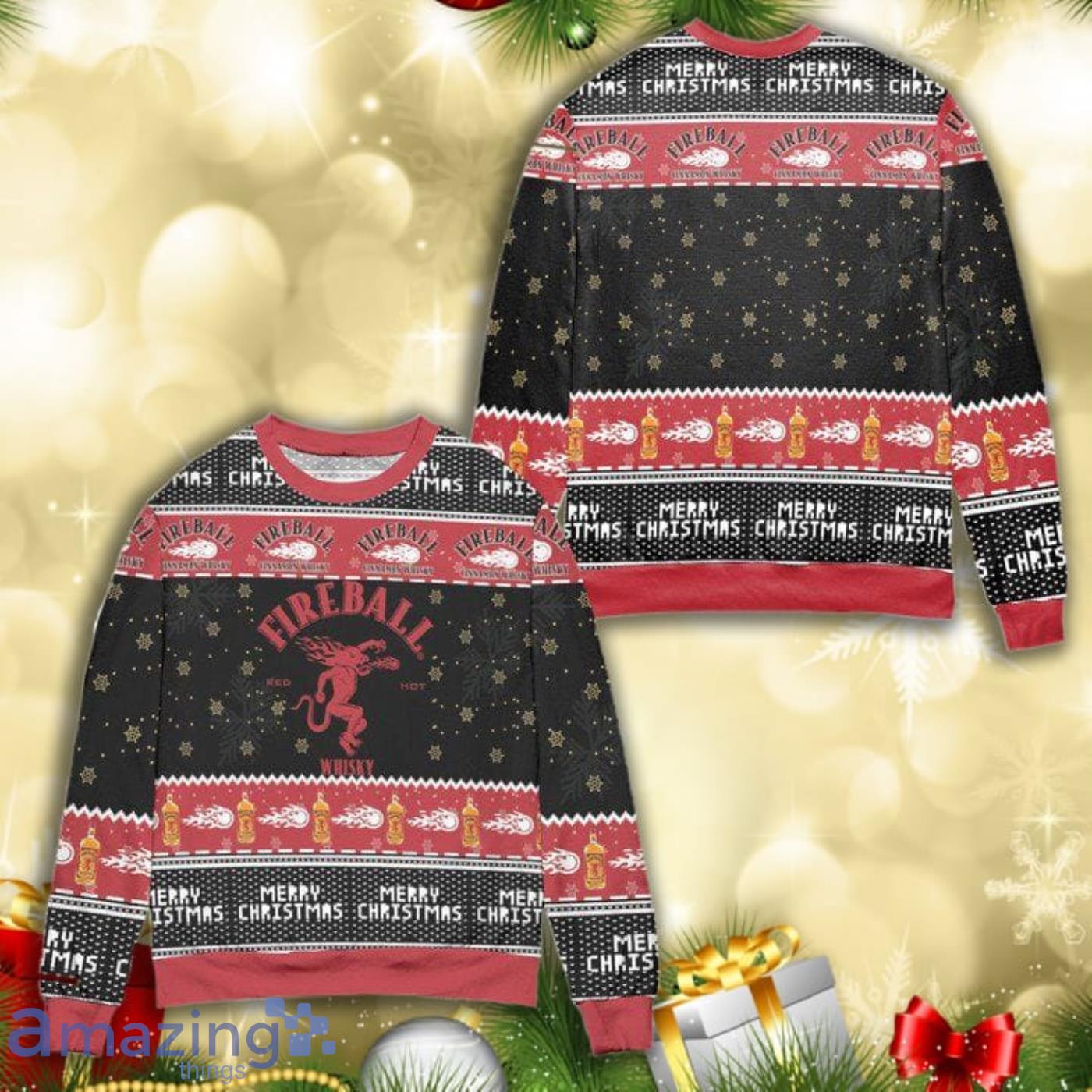 Fireball Red Hot Whisky Snowflake All Over Print 3D Ugly Christmas Sweater Product Photo 1