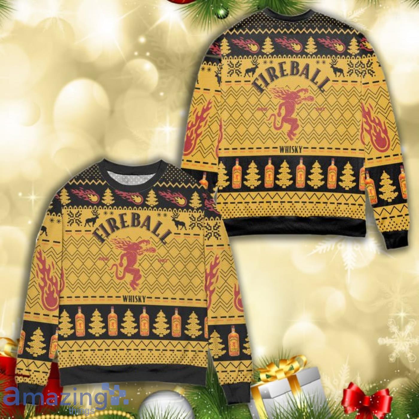 Fireball Whisky Pine Tree Zigzag Pattern All Over Print 3D Ugly Christmas Sweater Product Photo 1