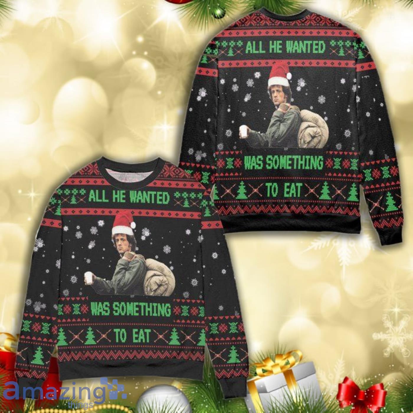 First Blood All He Wanted Was Something To Eat Claus All Over Print 3D Ugly Christmas Sweater Product Photo 1