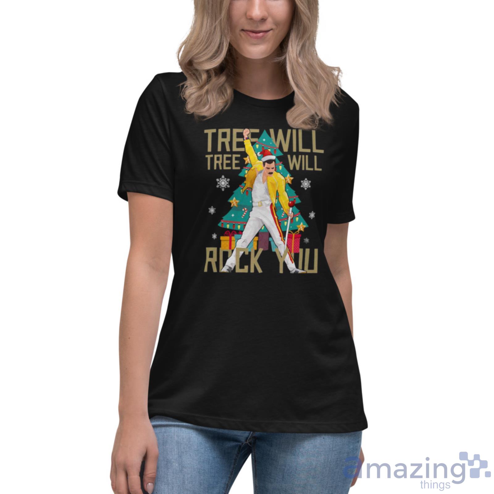 Freddie Mercury Christmas Tree Tree Will Rock You Tee Shirt image Freddie Mercury Christmas Tree Tree Will Rock You Tee Shirt - Womens Relaxed Short Sleeve Jersey Tee