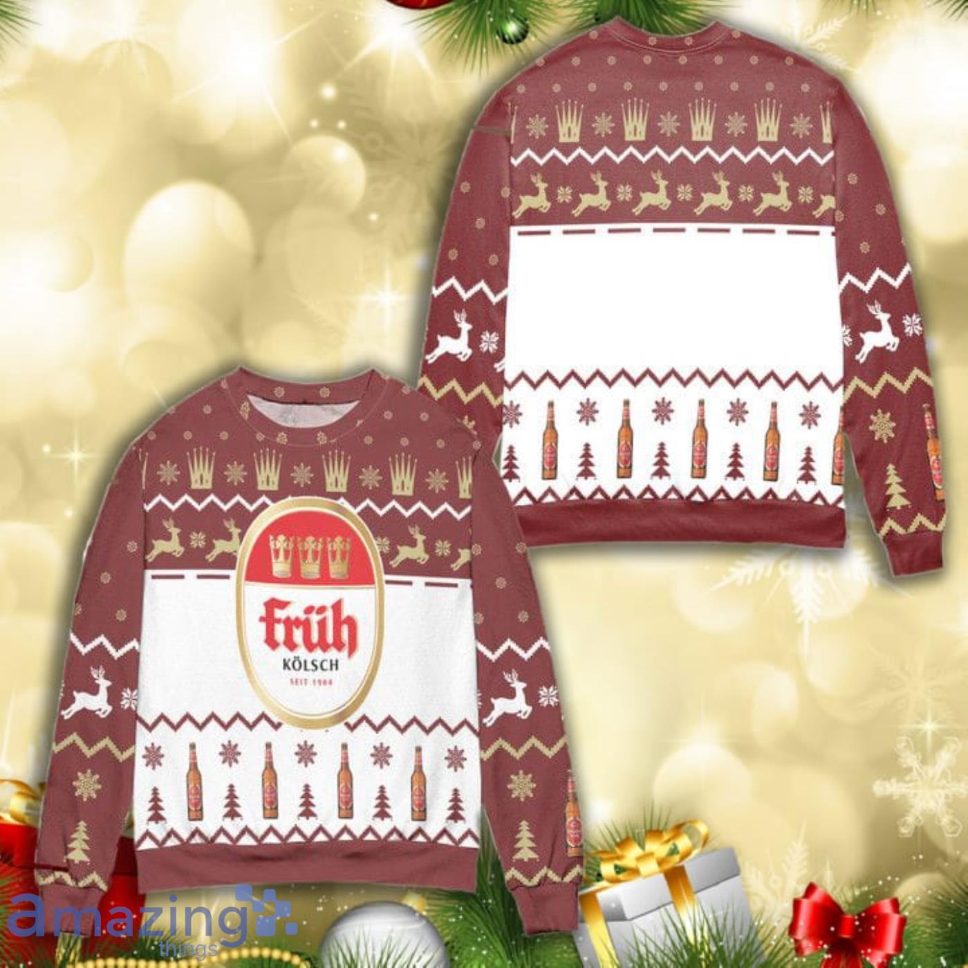Fruh Kolsch Seit 1904 Reindeer Pine Tree All Over Print 3D Ugly Christmas Sweater Product Photo 1