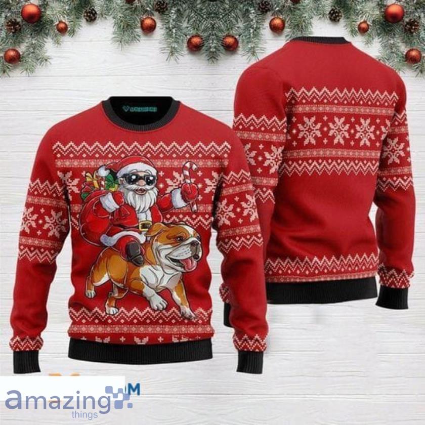 Funny Santa Riding English Bulldog Party Full Print Ugly Christmas Sweater Product Photo 1