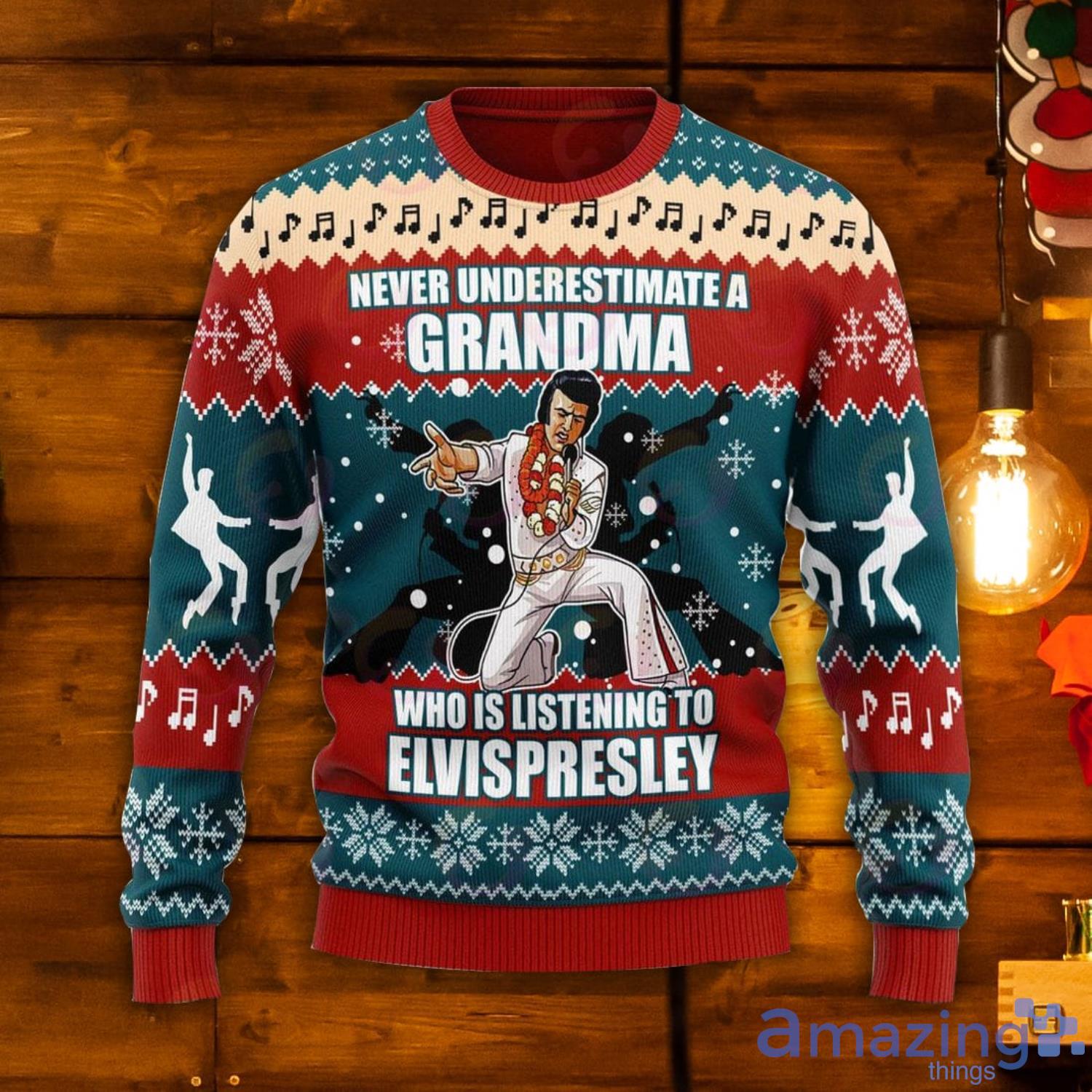 Gearhomie Who Is Listening To Elvis Presley Ugly Christmas Sweater Product Photo 1
