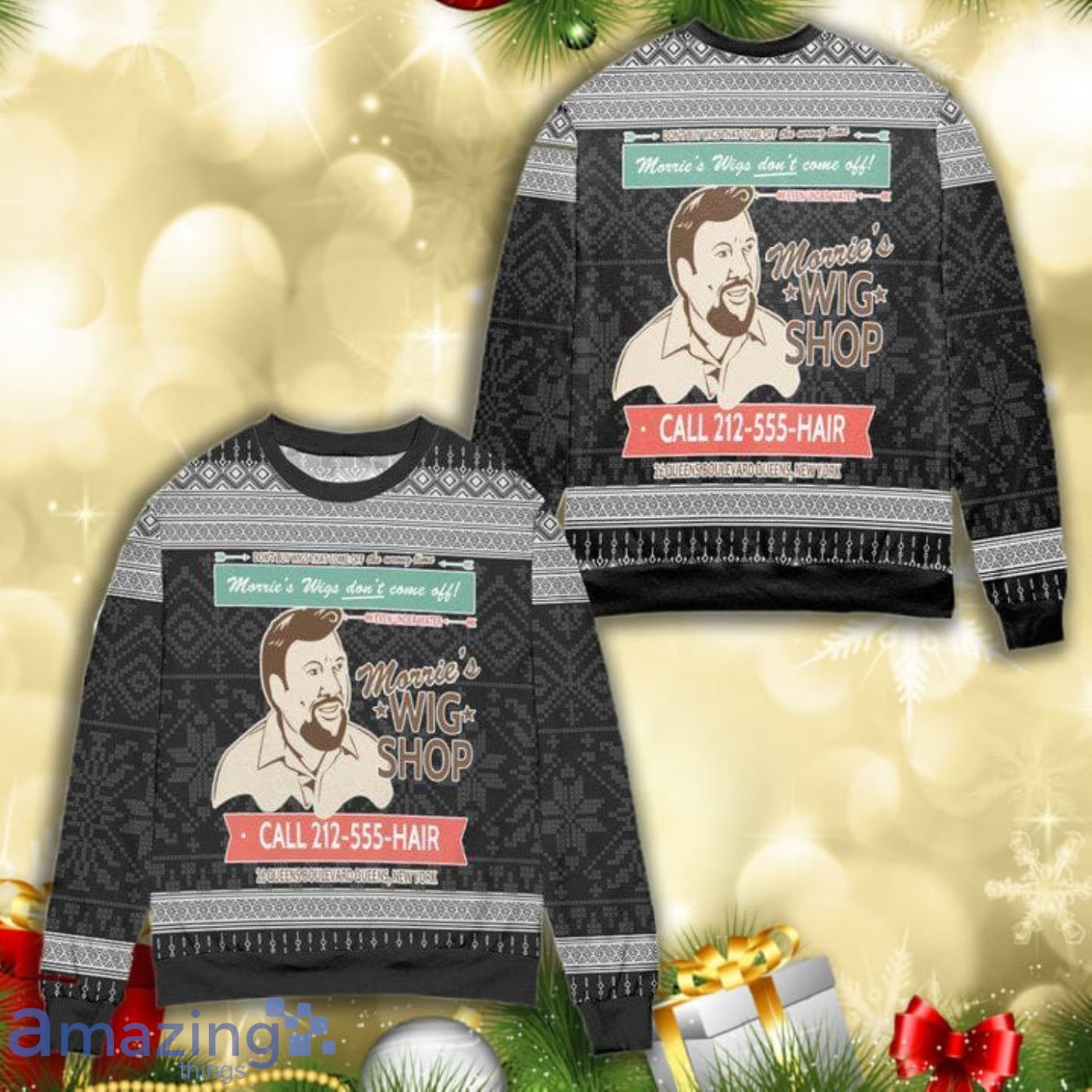 Goodfellas Morries Wigs Dont Come Off Knitting Pattern 3D Ugly Christmas Sweater Black Product Photo 1