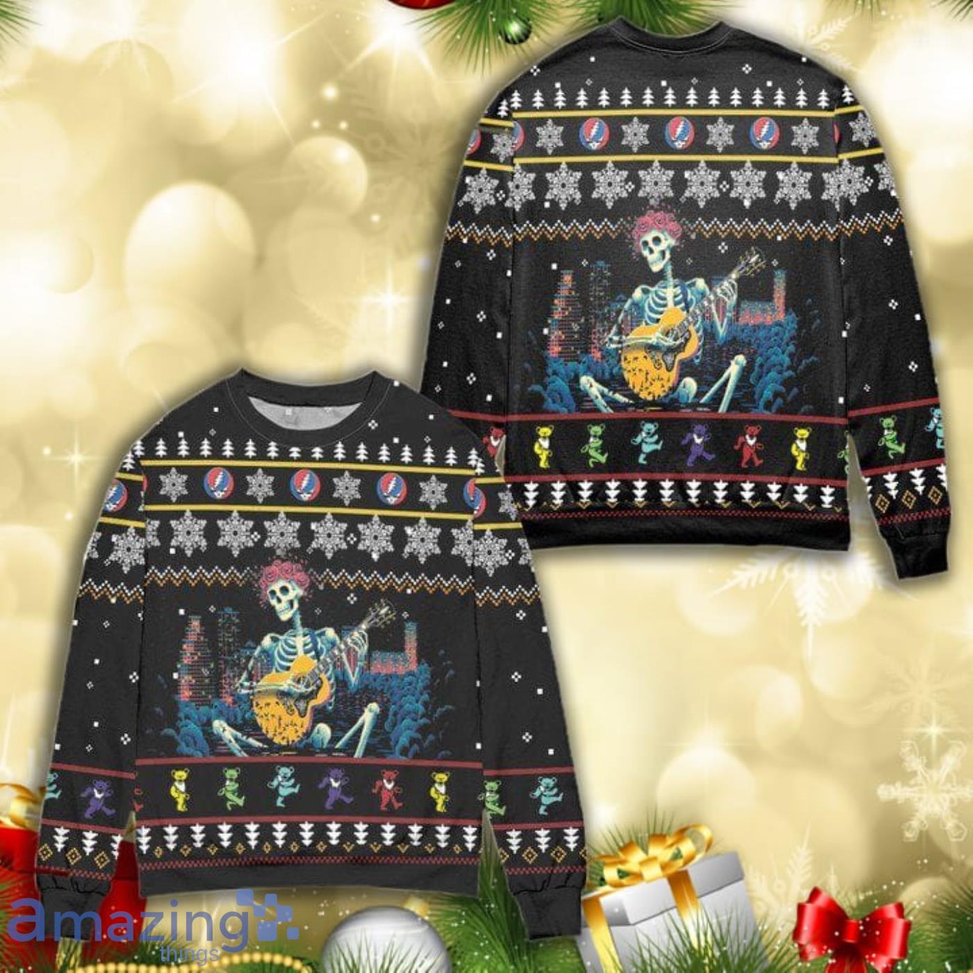 Grateful Dead Skeleton Playing Guitar Knitting Pattern 3D Ugly Christmas Sweater Product Photo 1