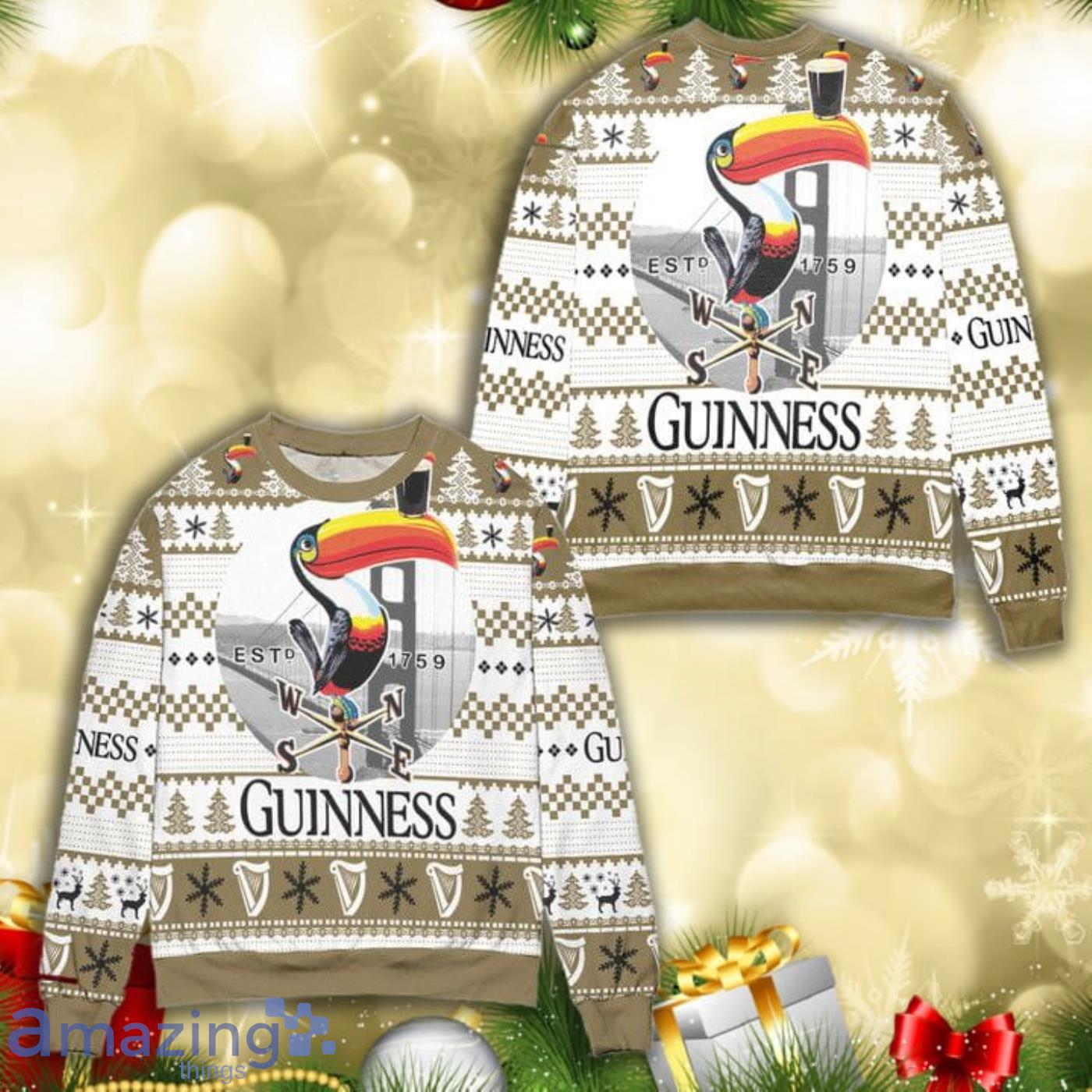 Guinness Beer Logo Checkered Pattern Claus Knitting Pattern 3D Ugly Christmas Sweater Product Photo 1