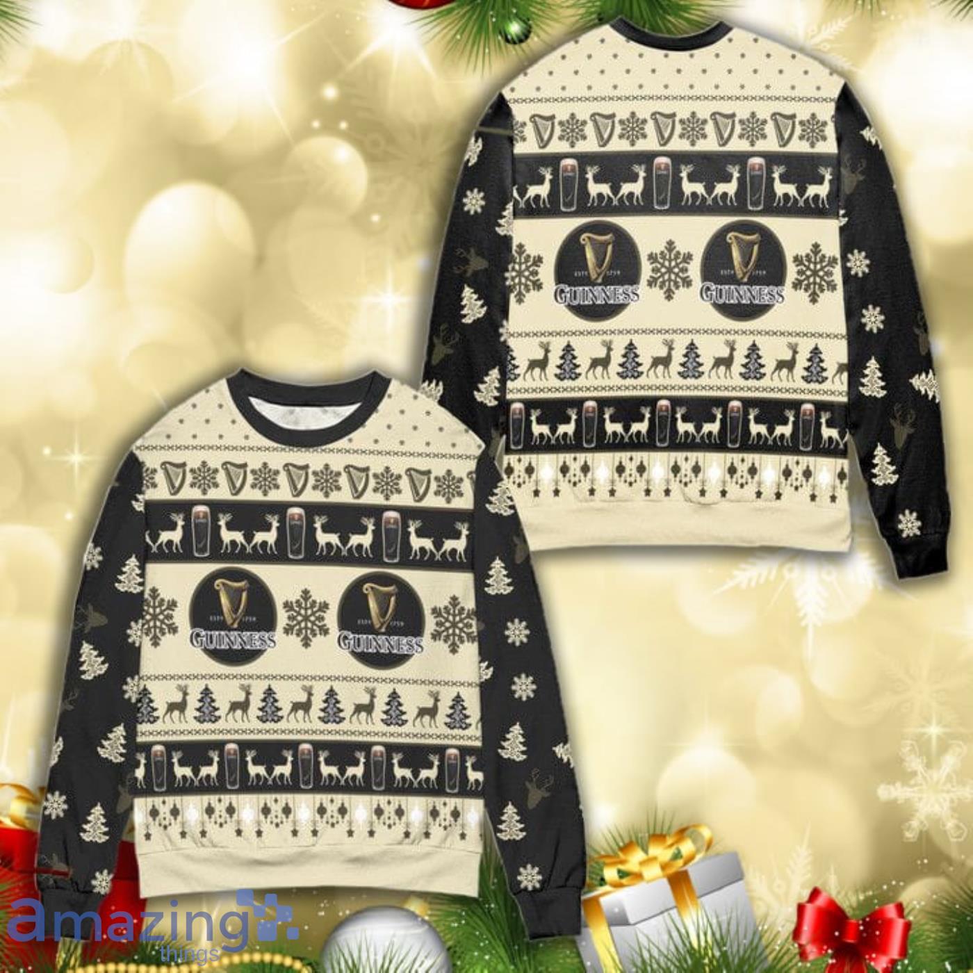 Guinness Beer Pine Tree Reindeer Knitting Pattern 3D Ugly Christmas Sweater Product Photo 1