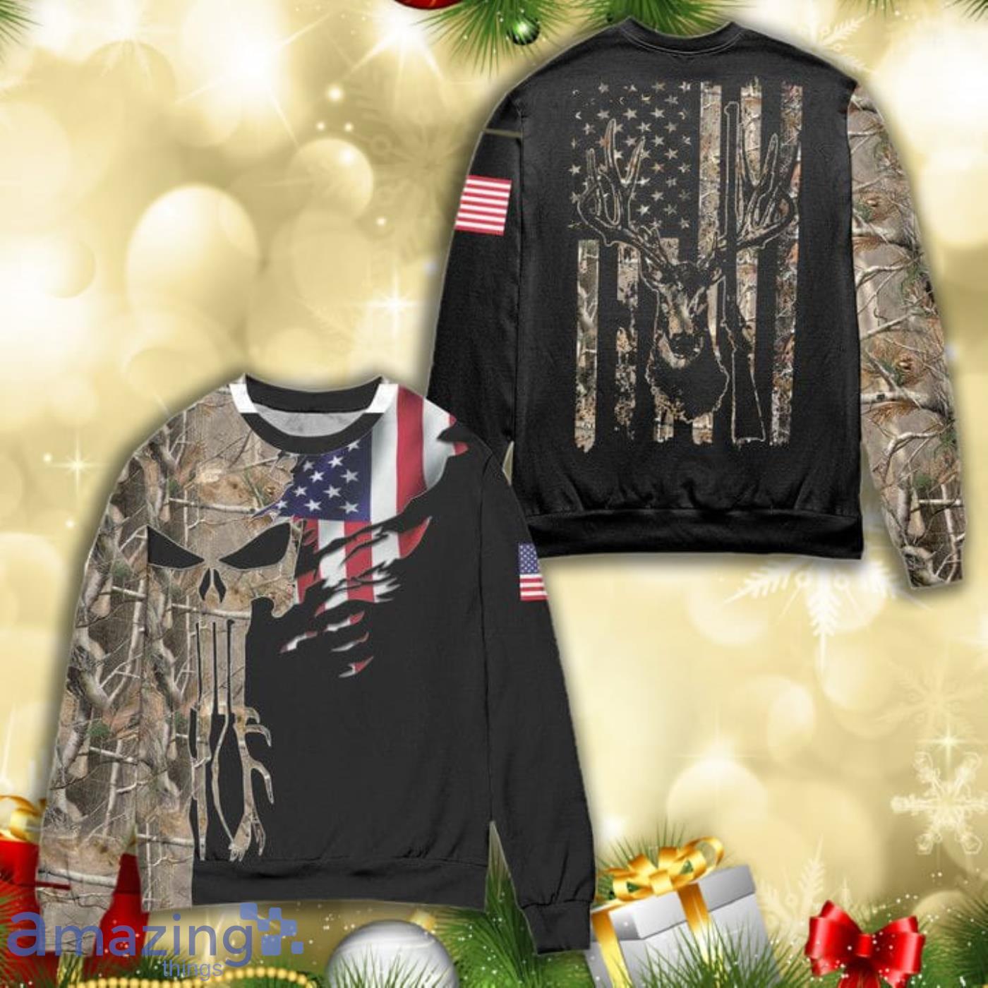 Half Unreal Tree Half America Flag Knitting Pattern 3D Ugly Christmas Sweater Product Photo 1