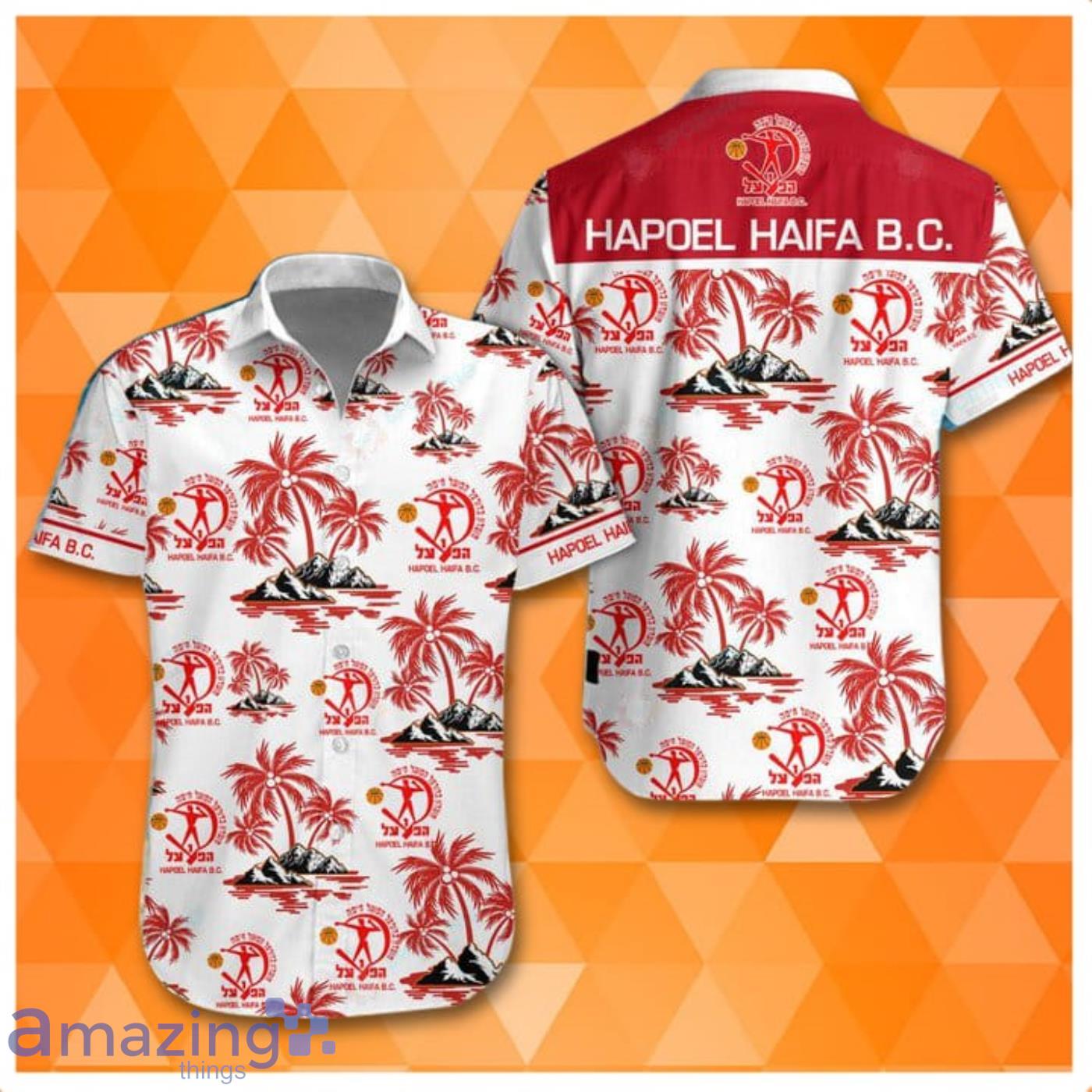 Hapoel Haifa B.C Super League Palm Tree Pattern Hawaiian Shirt Product Photo 1