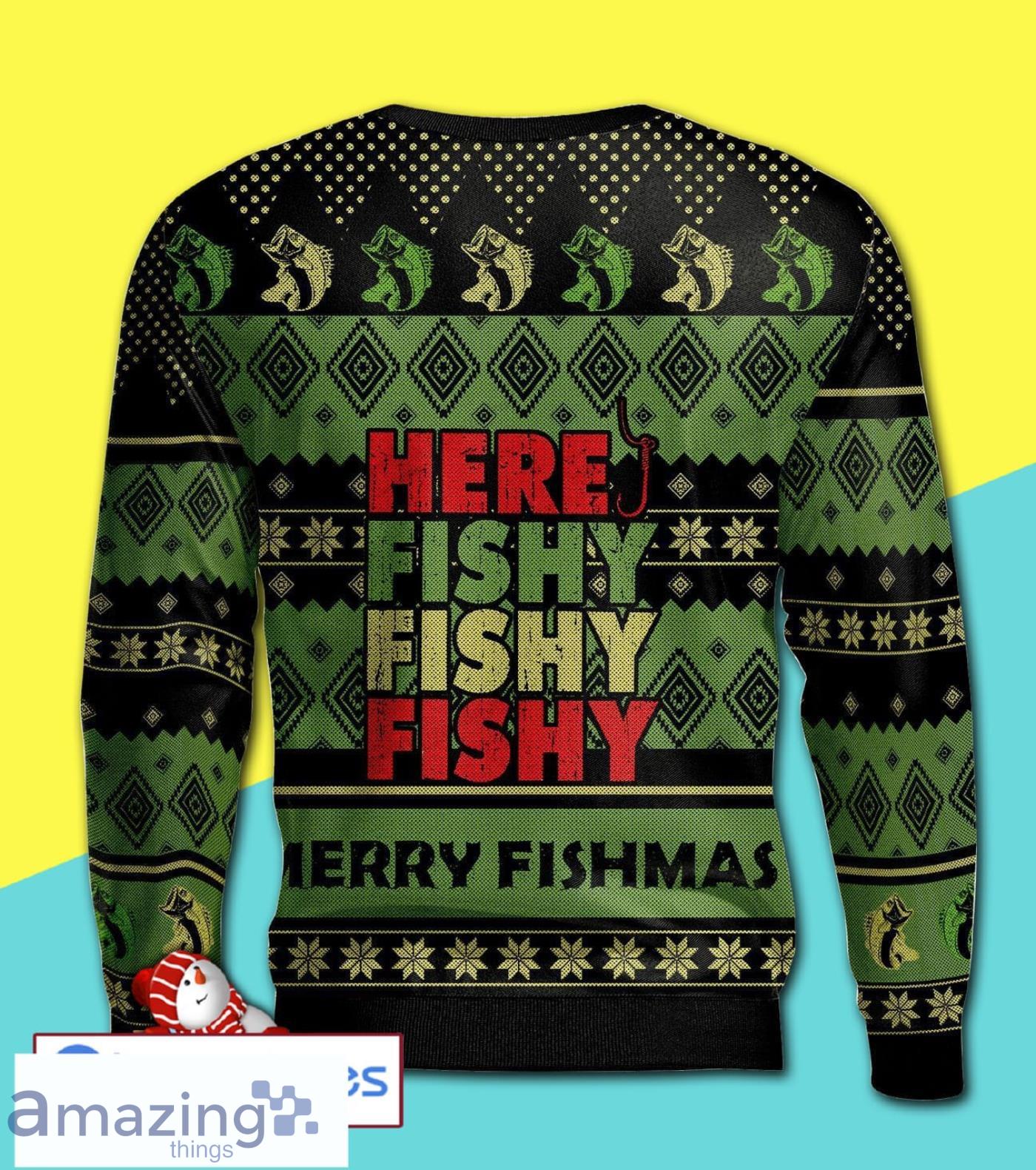 Here Fishy Merry Xmas Full Print Ugly Christmas Sweater Product Photo 1