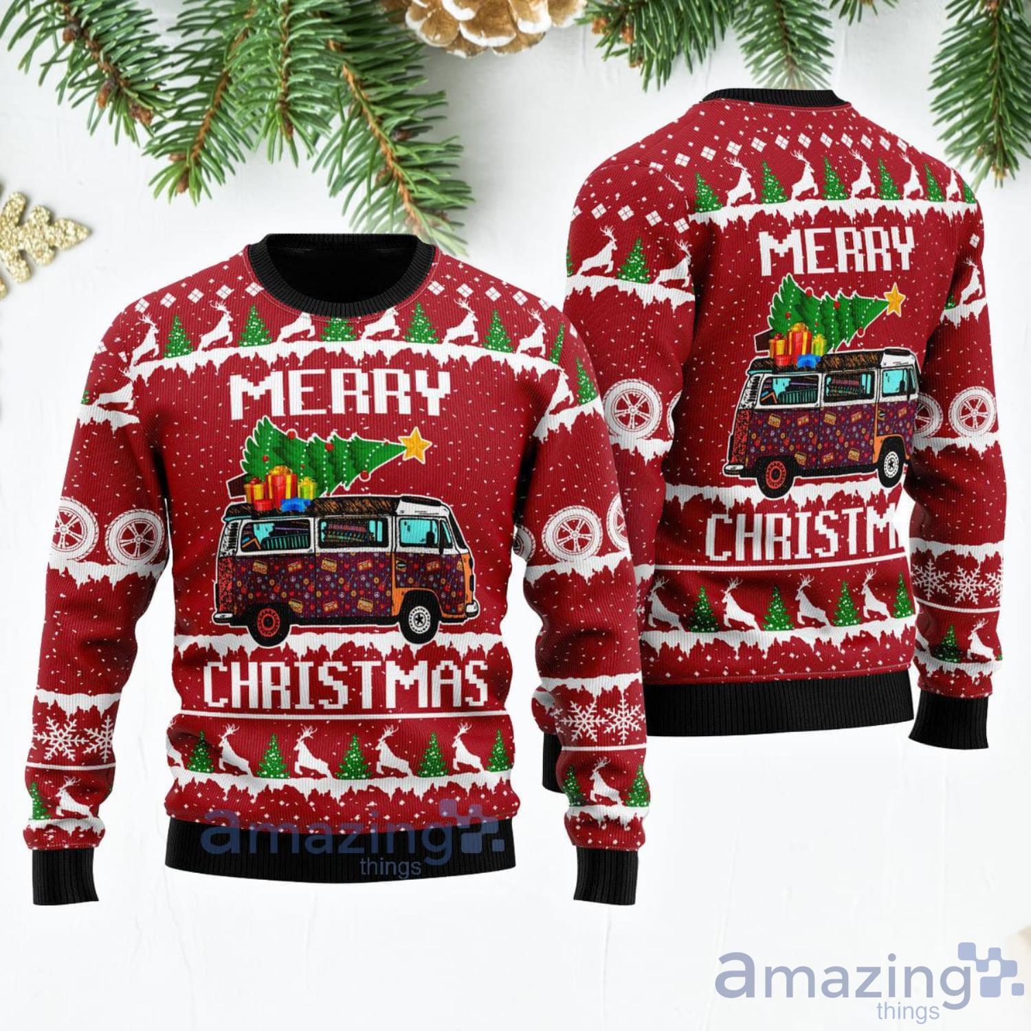 Hippie Car Christmas Tree Merry Christmas Ugly Christmas Sweater Product Photo 1