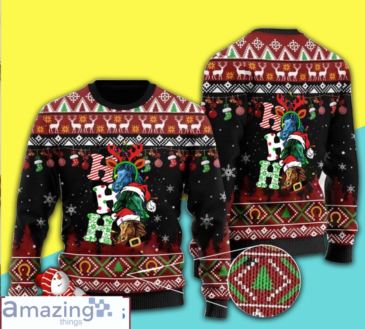 Ho Ho Ho Horse Merry Wool Colorful And Bright Special Pattern Ugly Christmas Sweater Product Photo 1