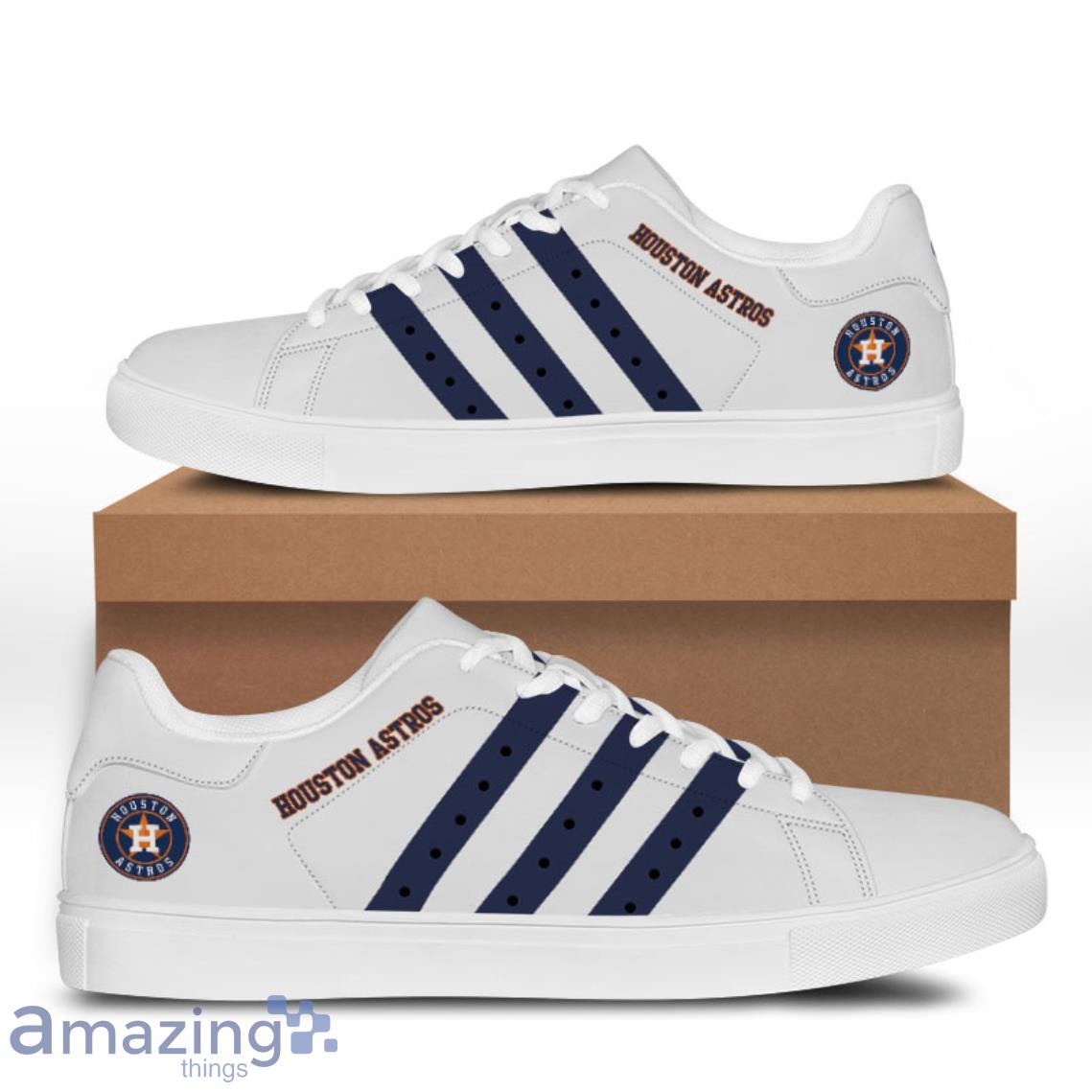 Houston Astros White Stan Navy Stripes Smith Low Top Skate Shoes for Fans Product Photo 1