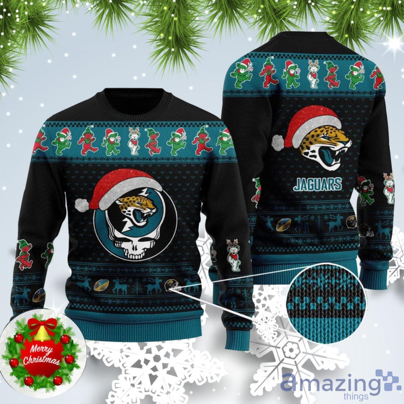 Jaguars Skull Santa Hat Ugly Christmas Sweater For Fans Product Photo 1