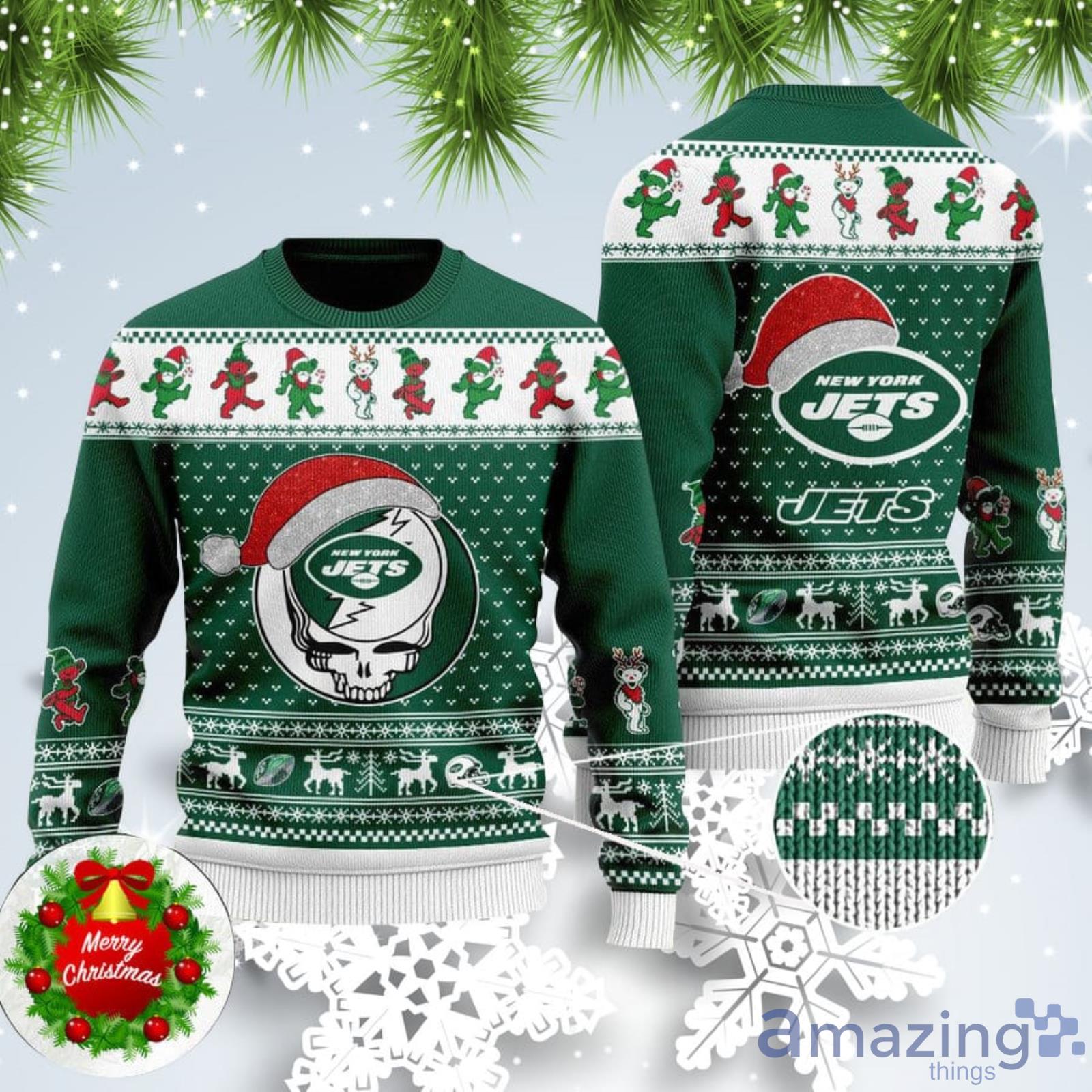 Jets Skull Santa Hat Ugly Christmas Sweater For Fans