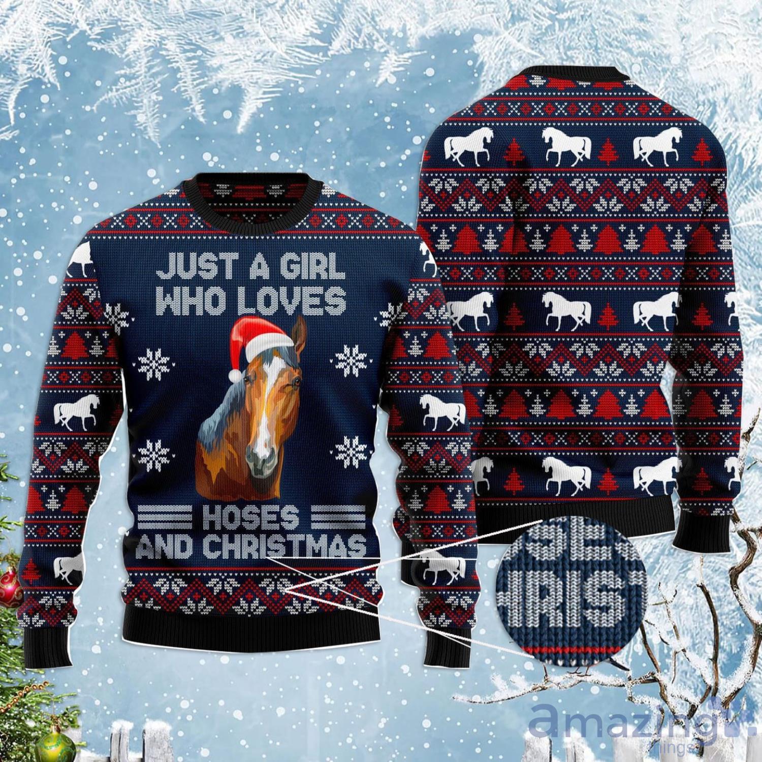 Just A Girl Who Love Horse Chicken Cow And Christmas Ugly Christmas Sweater Product Photo 1