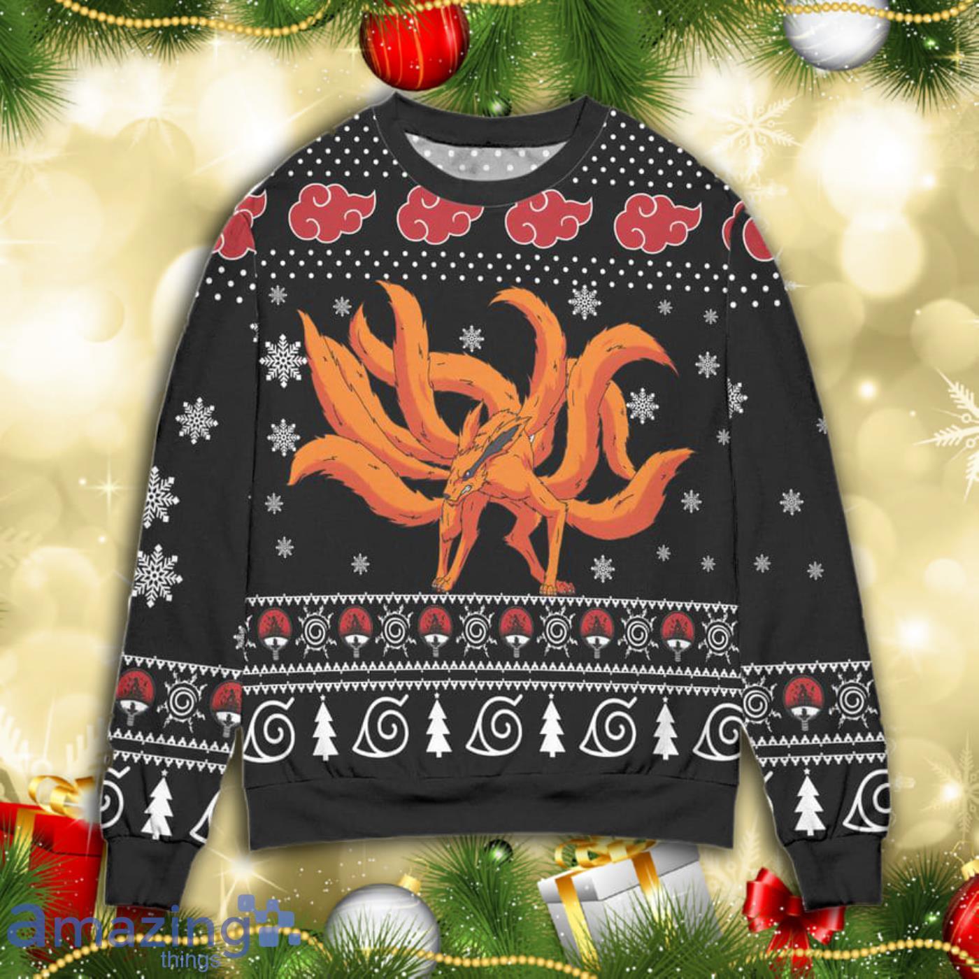 Kurama Naruto Akatsuki Logo Snowflake Full Print Christmas Ugly Sweater Product Photo 1