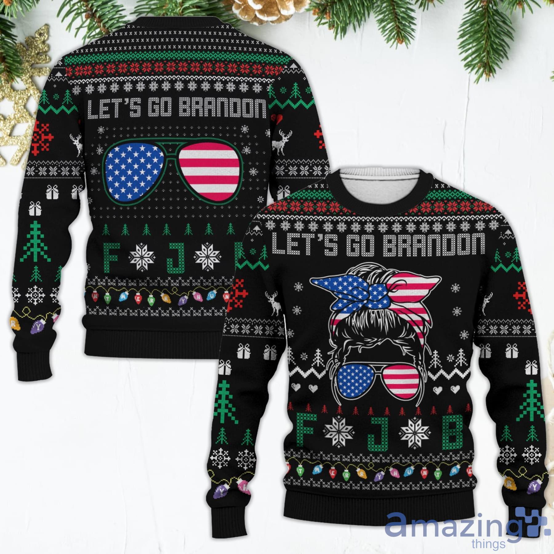 Let's Go Brandon FJB American Flag Glasses Messy Bun Christmas Black Ugly Christmas Sweater Product Photo 1