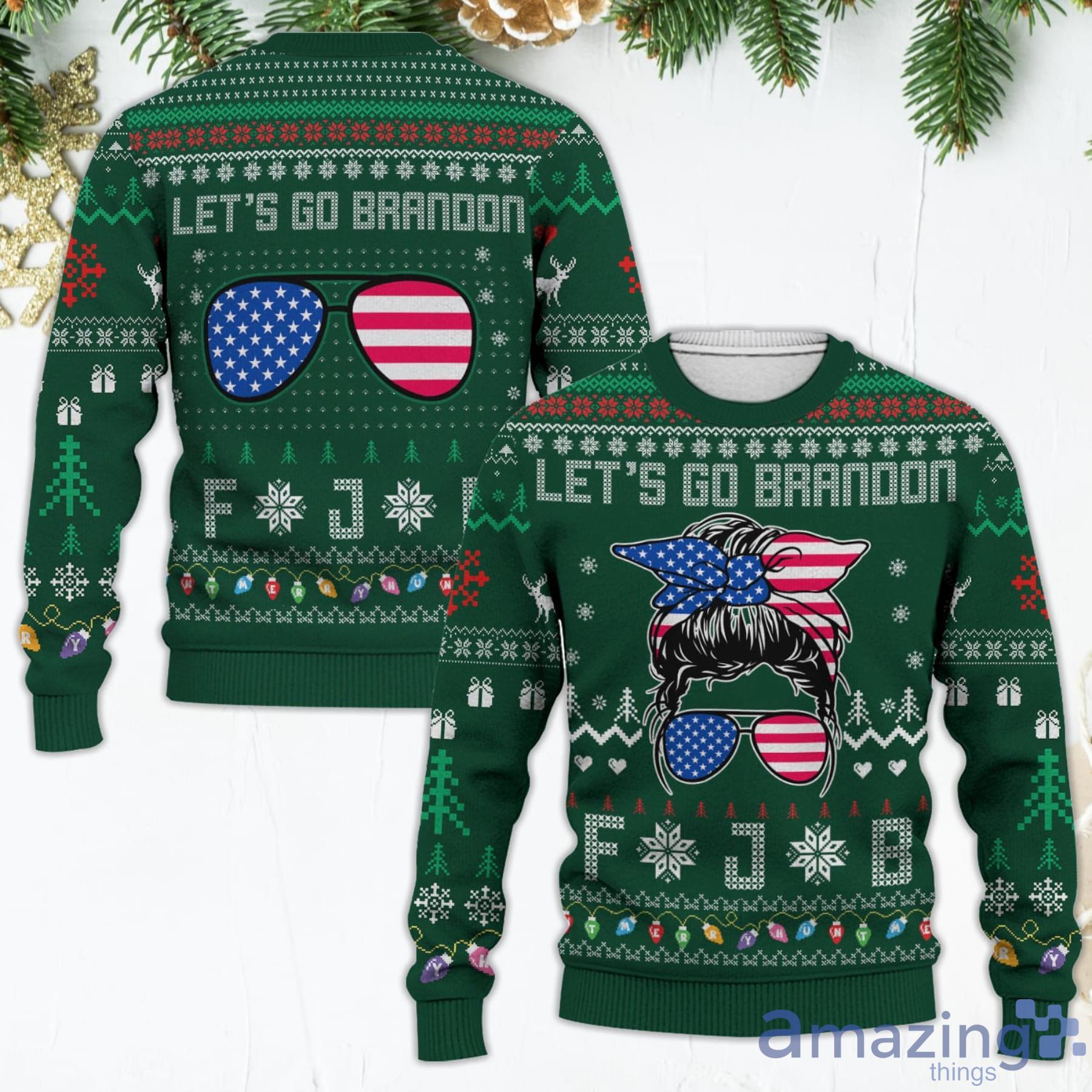 Let's Go Brandon FJB American Flag Glasses Messy Bun Christmas Green Ugly Christmas Sweater Product Photo 1