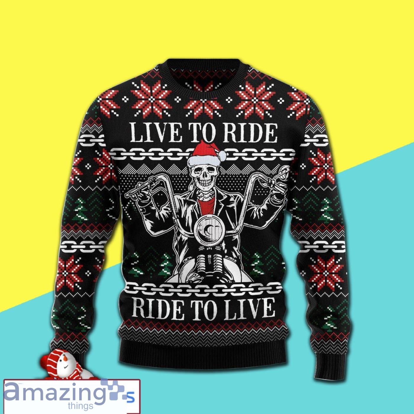 Live To Ride Motorbike Skeleton Awesome All Over Print 3D Ugly Sweater Product Photo 1