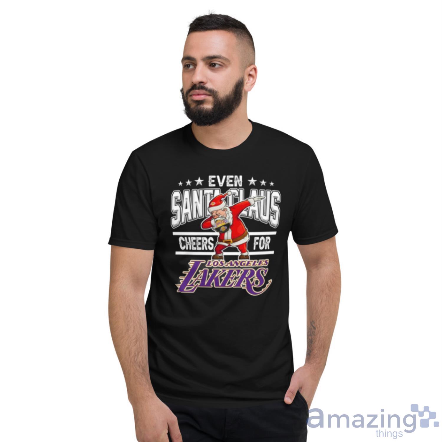 Los Angeles Lakers Even Santa Claus Cheers For Christmas NBA Shirt For Fans image Los Angeles Lakers Even Santa Claus Cheers For Christmas NBA Shirt For Fans - Short Sleeve T-Shirt