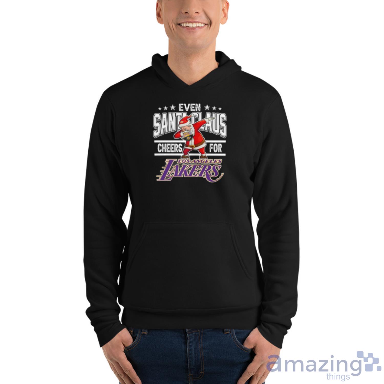 Los Angeles Lakers Even Santa Claus Cheers For Christmas NBA Shirt For Fans image Los Angeles Lakers Even Santa Claus Cheers For Christmas NBA Shirt For Fans - Unisex Fleece Pullover Hoodie