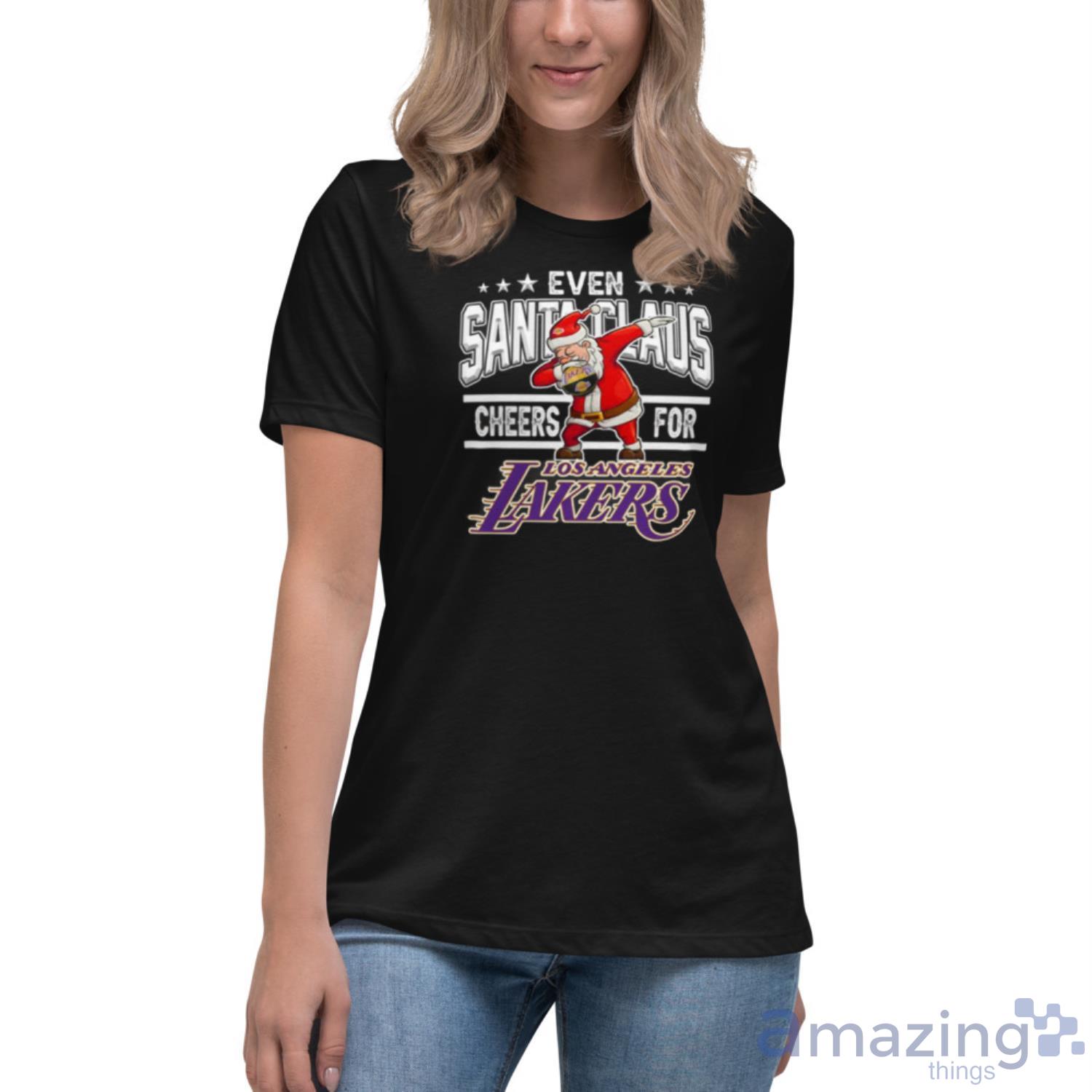 Los Angeles Lakers Even Santa Claus Cheers For Christmas NBA Shirt For Fans image Los Angeles Lakers Even Santa Claus Cheers For Christmas NBA Shirt For Fans - Womens Relaxed Short Sleeve Jersey Tee