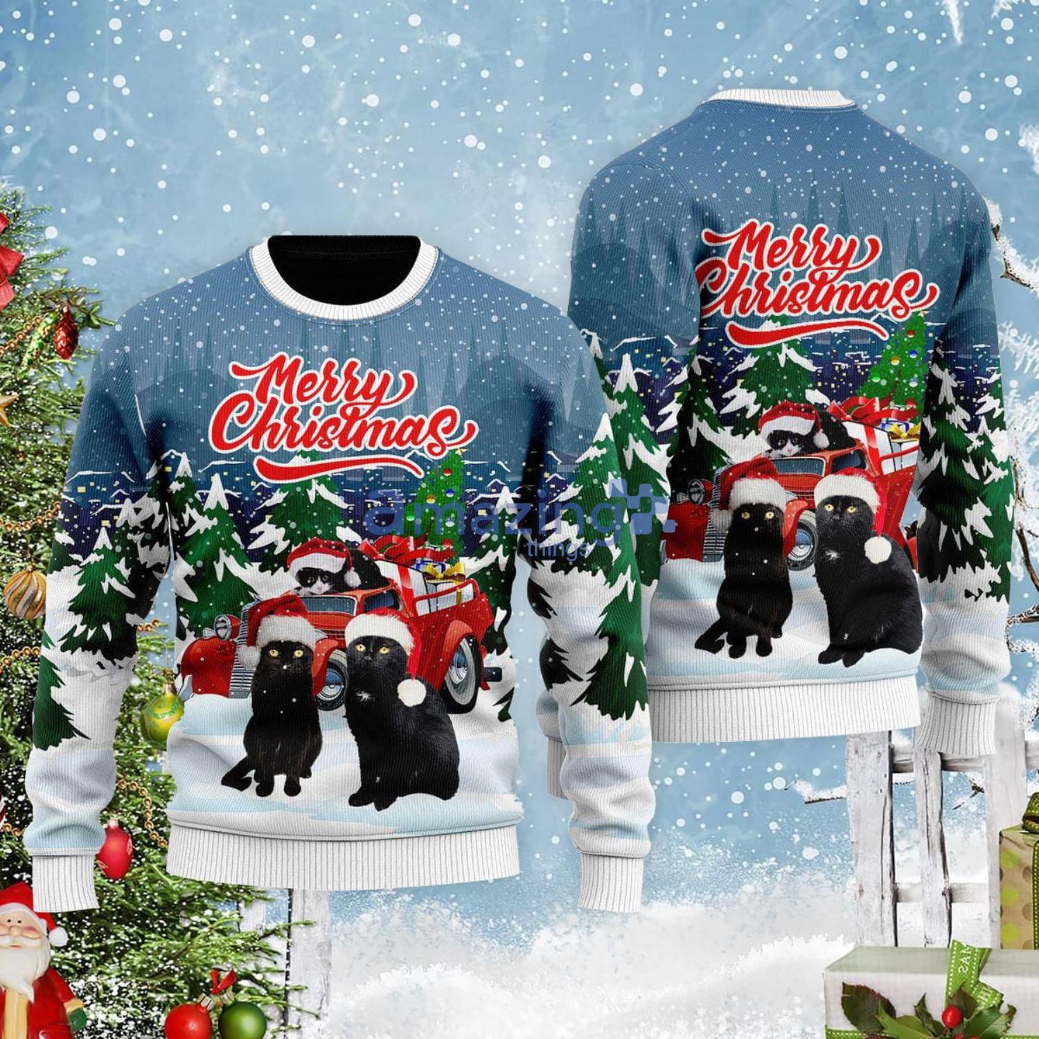 Merry Christmas Black Cat And Red Car Christmas Gift Ugly Christmas Sweater Product Photo 1