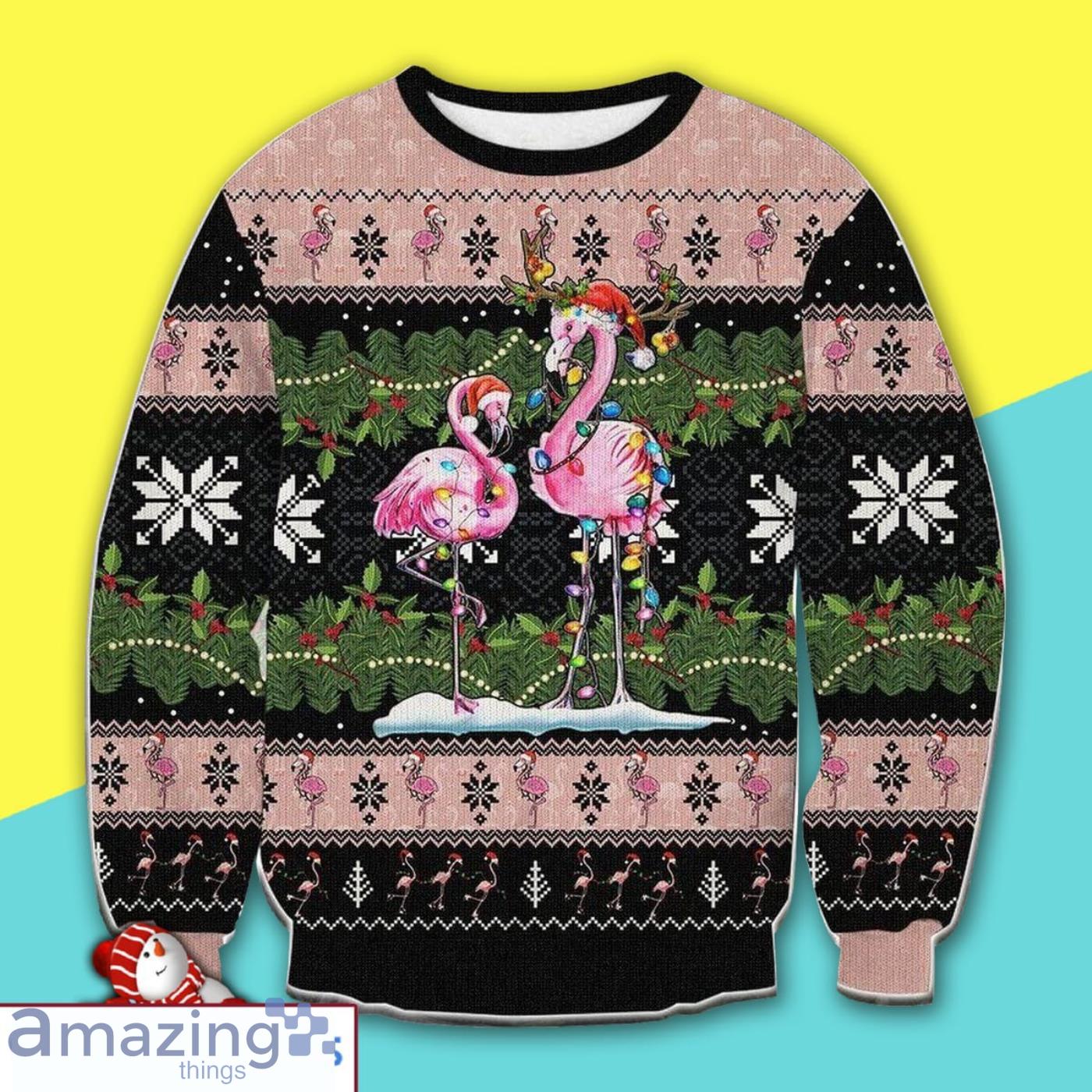 Merry Christmas Santa Flamingo Party Full Print Ugly Christmas Sweater Product Photo 1