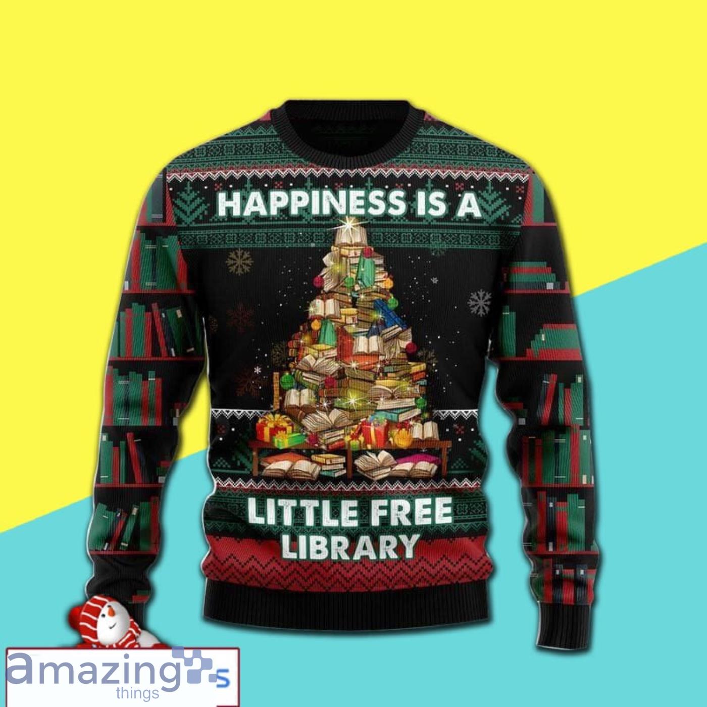 Merry Xmas Happiness Is A Little Book Free Library Awesome Full Print Ugly Christmas Sweater Product Photo 1