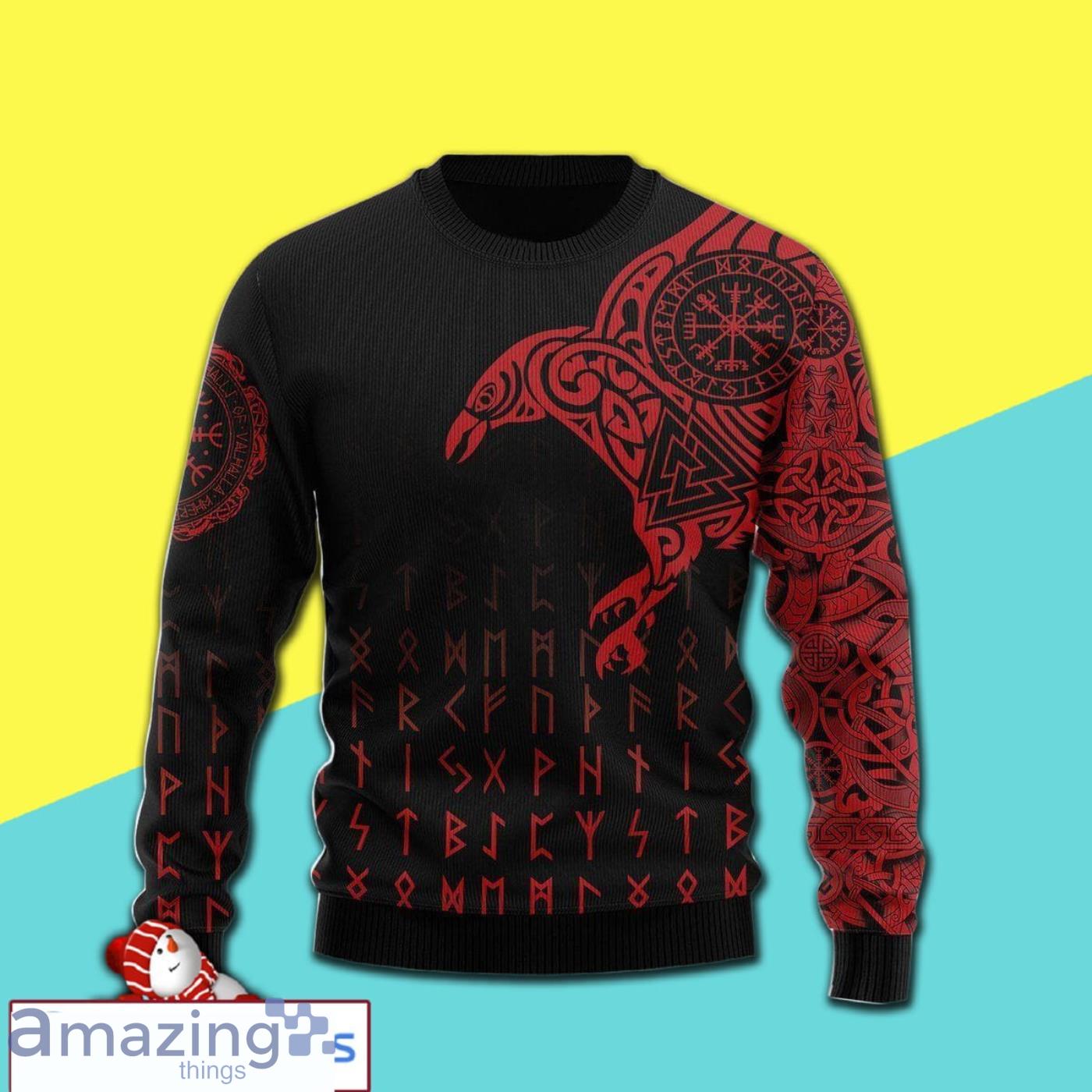 Merry Xmas Vikings The Raven Of Odin Tattoo Awesome Full Print Ugly Christmas Sweater Product Photo 1