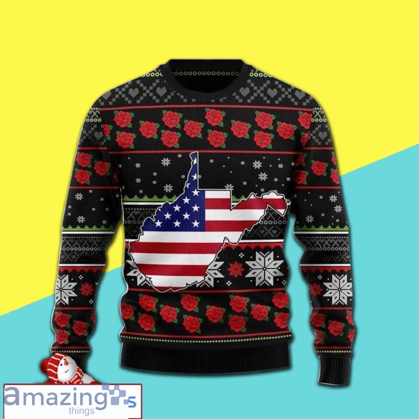 Merry Xmas West Virginia Red Flowers Awesome Full Print Ugly Christmas Sweater Product Photo 1