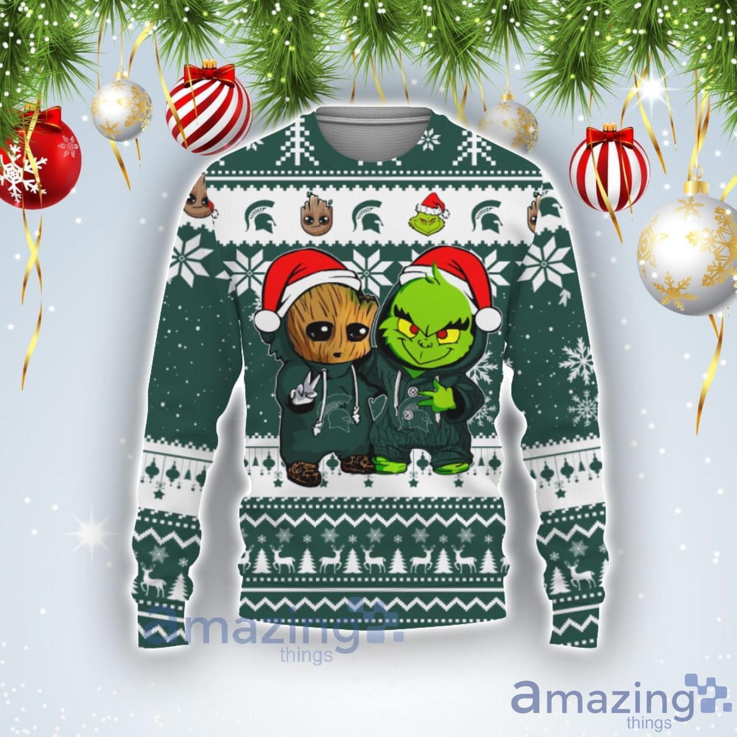 Michigan State Spartans Baby Groot And Grinch Best Friends Football American Ugly Christmas Sweater Product Photo 1