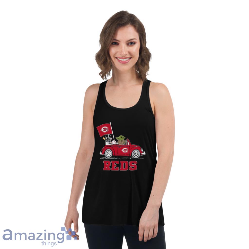 MLB Baseball Cincinnati Reds Darth Vader Baby Yoda Driving Star Wars T Shirt image MLB Baseball Cincinnati Reds Darth Vader Baby Yoda Driving Star Wars T Shirt - Womens Flowy Racerback Tank