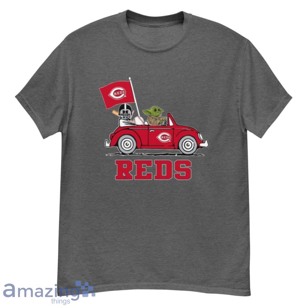 MLB Baseball Cincinnati Reds Darth Vader Baby Yoda Driving Star Wars T Shirt - G500 Men’s Classic T-Shirt-1