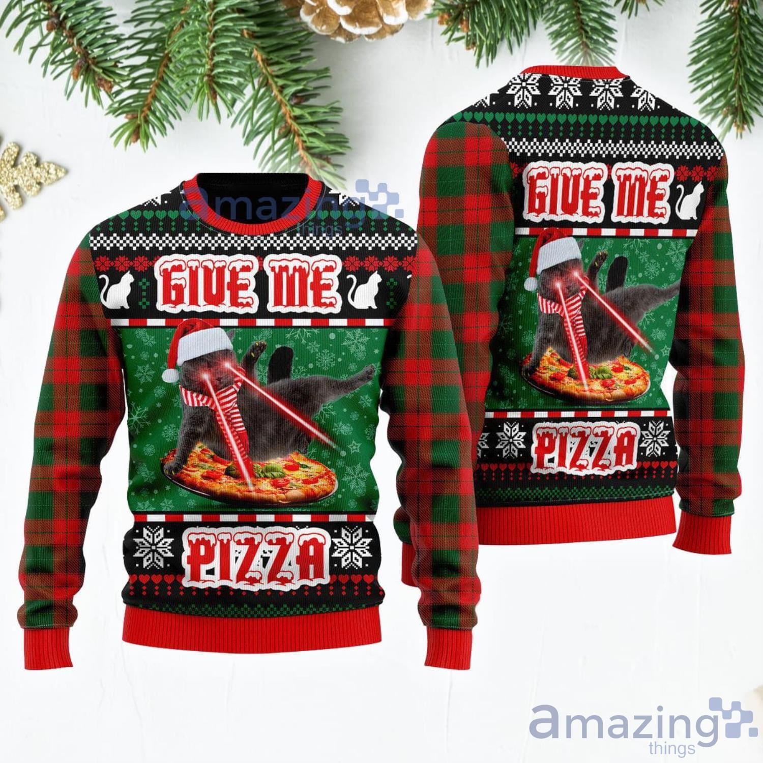 Naughty Pizza Cat With Laser Eyes Give Me Pizza Snowflake Pattren Ugly Christmas Sweater Product Photo 1