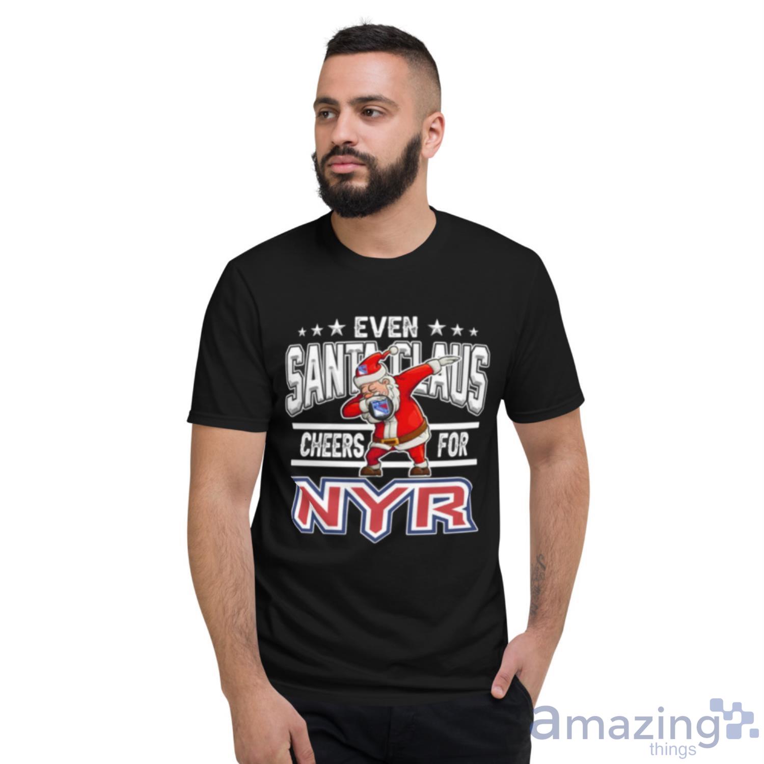 New York Rangers Even Santa Claus Cheers For Christmas NHL Shirt For Fans image New York Rangers Even Santa Claus Cheers For Christmas NHL Shirt For Fans - Short Sleeve T-Shirt