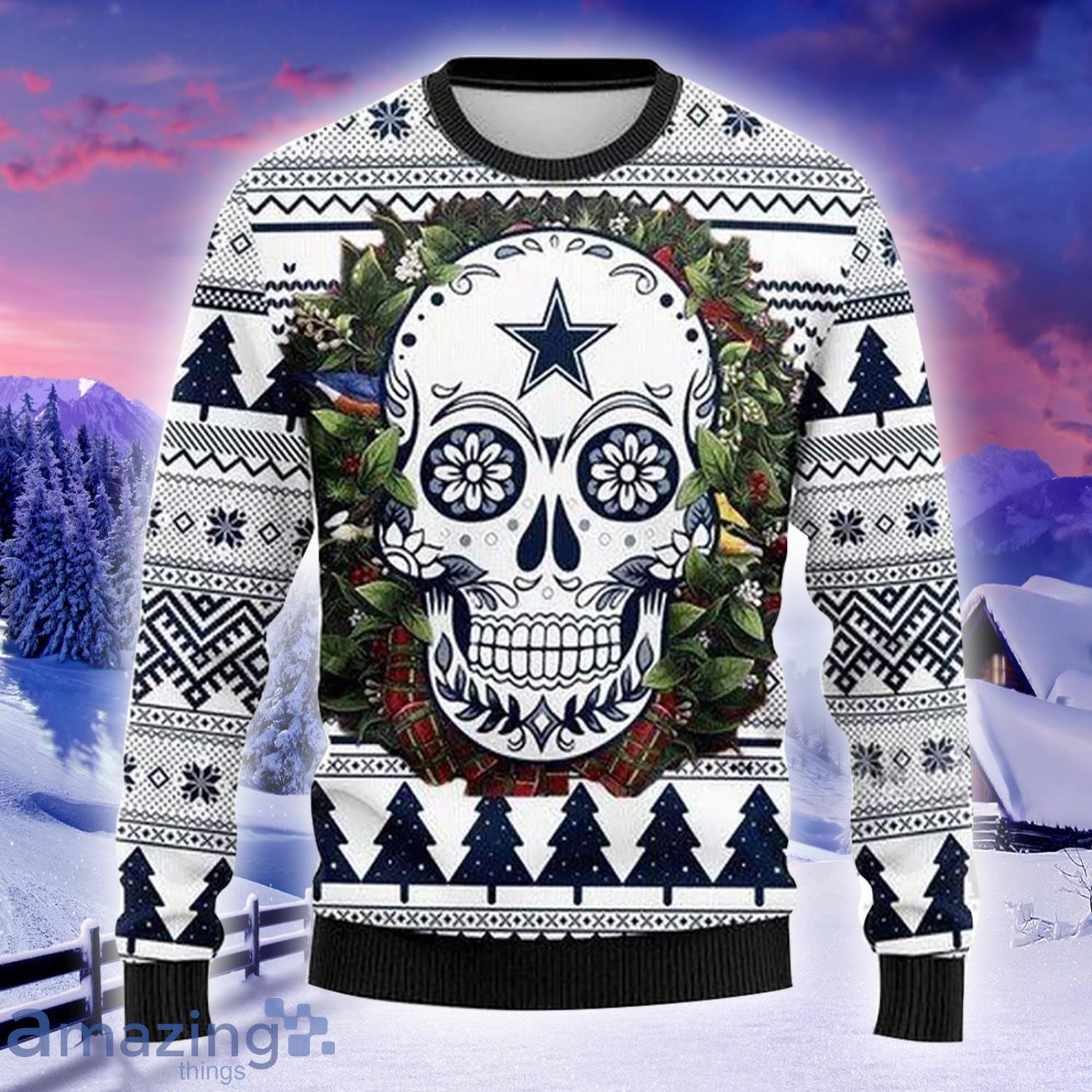 NFL Dallas Cowboys Skull Flower Knitting Pattern Ugly Christmas Sweater Product Photo 1