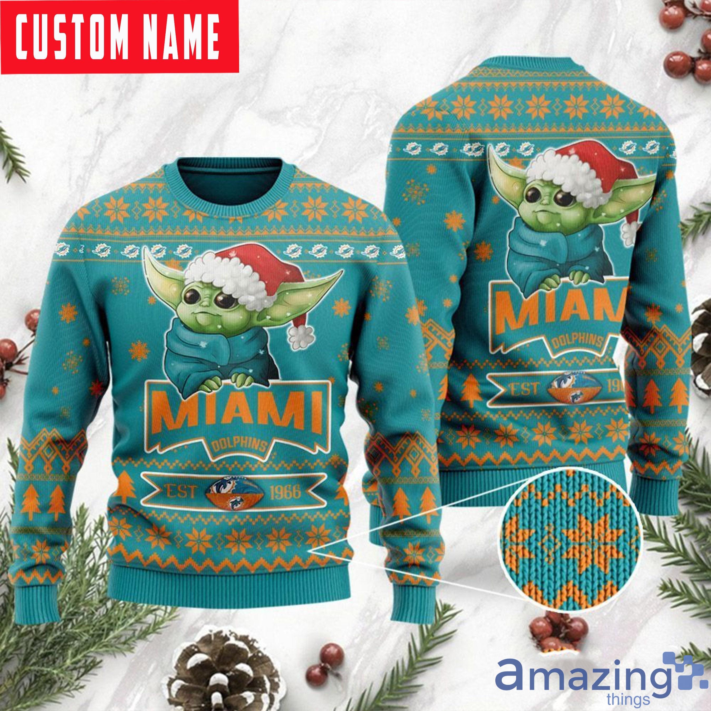 NFL Miami Dolphins Personalized Star Wars Baby Yoda Ugly Christmas Sweater Product Photo 1