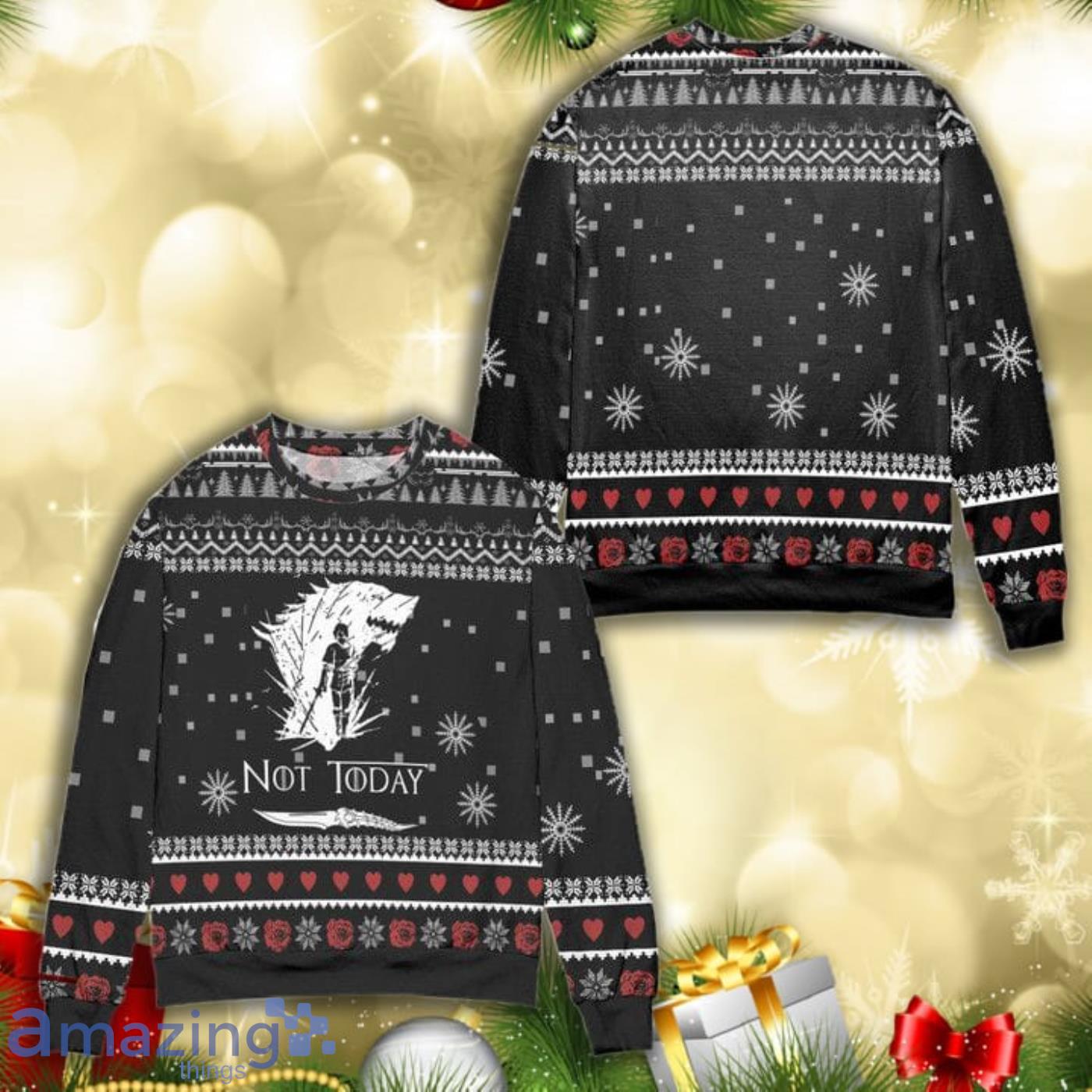 Not Today Arya Stark Game Of Throne Snowflake Knitting Pattern 3D Ugly Christmas Sweater Product Photo 1